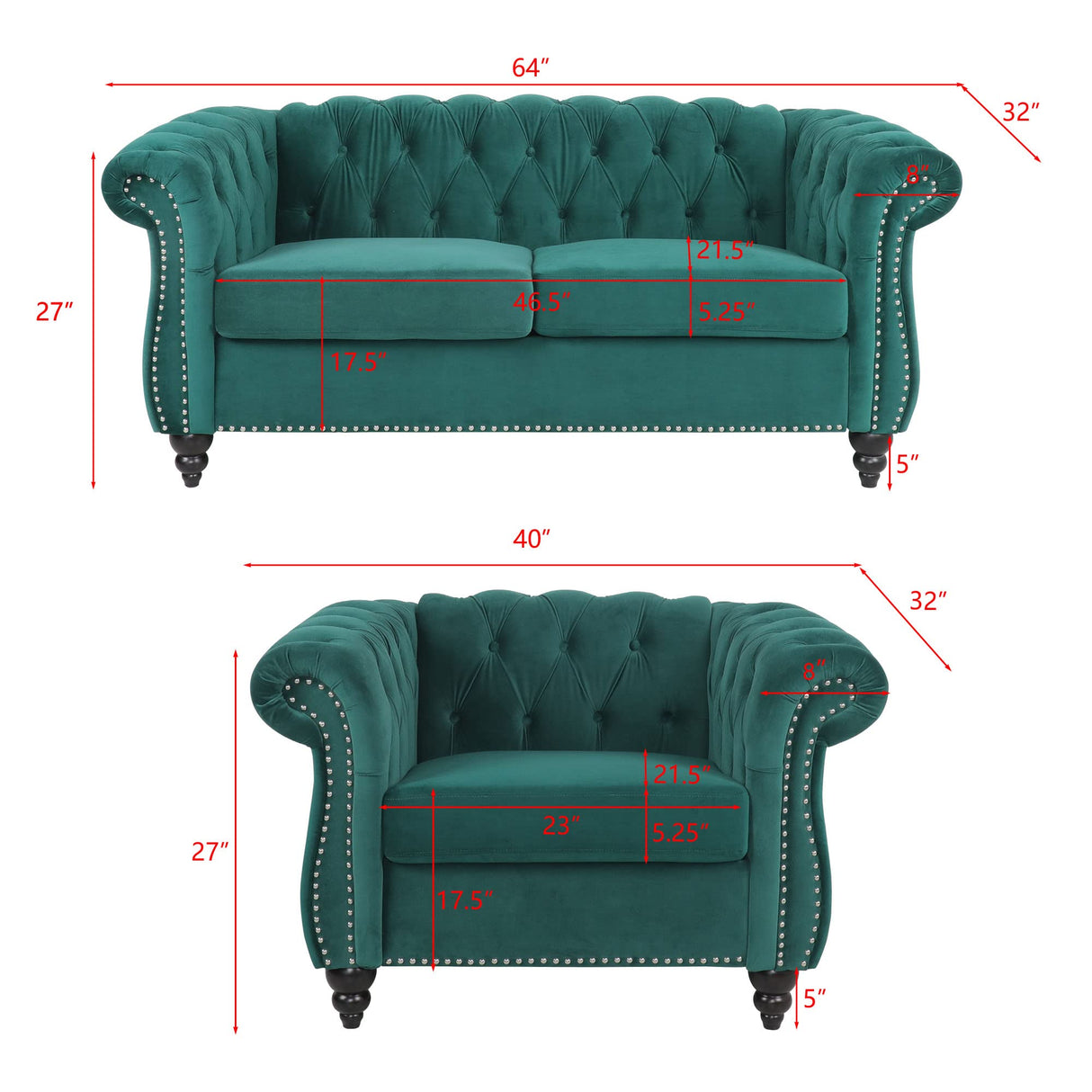 RARZOE 2 Pieces Living Room Furniture - Chesterfield Style Sofa Set with Nailhead Trim Scroll Arms, Green RARZOE