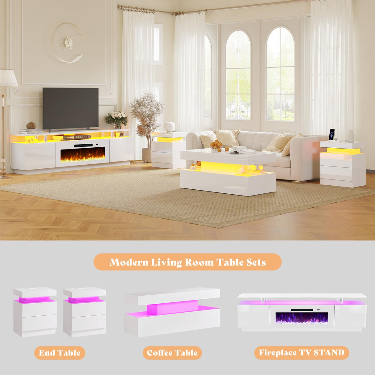 AMERLIFE 5 Piece Modern Living Room Table Set, Includes 80" Fireplace TV Stand, 2-Tier Coffee Table, 2 X Side Tables with Charging Station, LED Media Furniture, White AMERLIFE