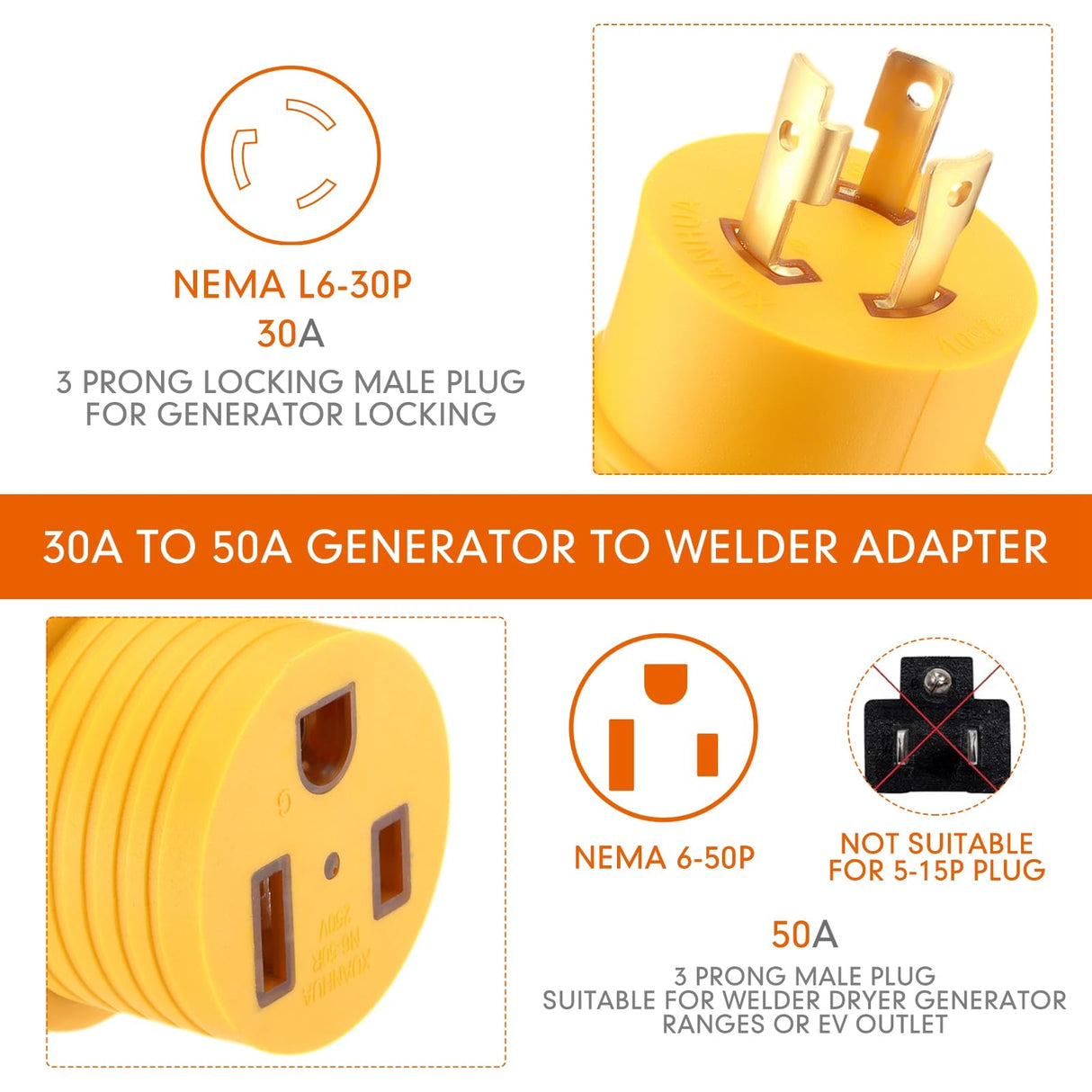Kanayu Generator Welder Adapter Compatible with Nema L6-30P to 6-50R 3 Prong 30 Amp Locking Male Plug to 50 Amp Female Receptacle Adapter Generator RV EV Charger Power Cord Connector Kanayu