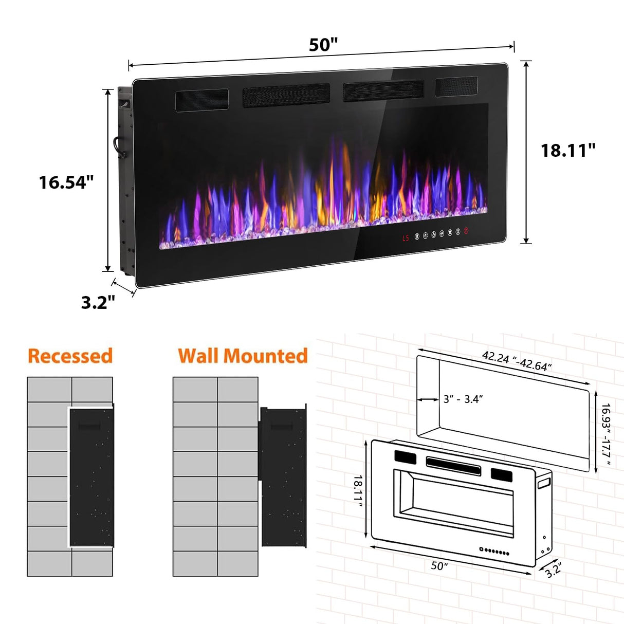 VENDORZ Electric Fireplace 50 Inch Recessed and Wall Mounted, Ultra-Thin Inserts Electric Fireplace Heater with Remote Control, Timer, Adjustable Flame Colors Speed Brightness, Log & Crystal Options VENDORZ