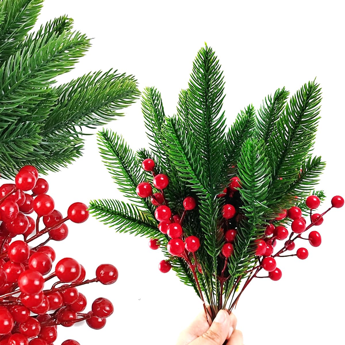 RONYOUNG 32PCS Artificial Pine Branches Christmas Holly Berries Artificial Red Berry Stems for Christmas Wreath Decorations Xmas Tree Decoration RONYOUNG