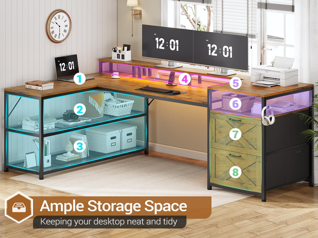 SEDETA 67" L Shaped Desk with Drawers, Computer Office Desk with Storage Shelves & Power Outlet, Reversible Gaming Desk with LED Lights for Home Office, Rustic Brown SEDETA