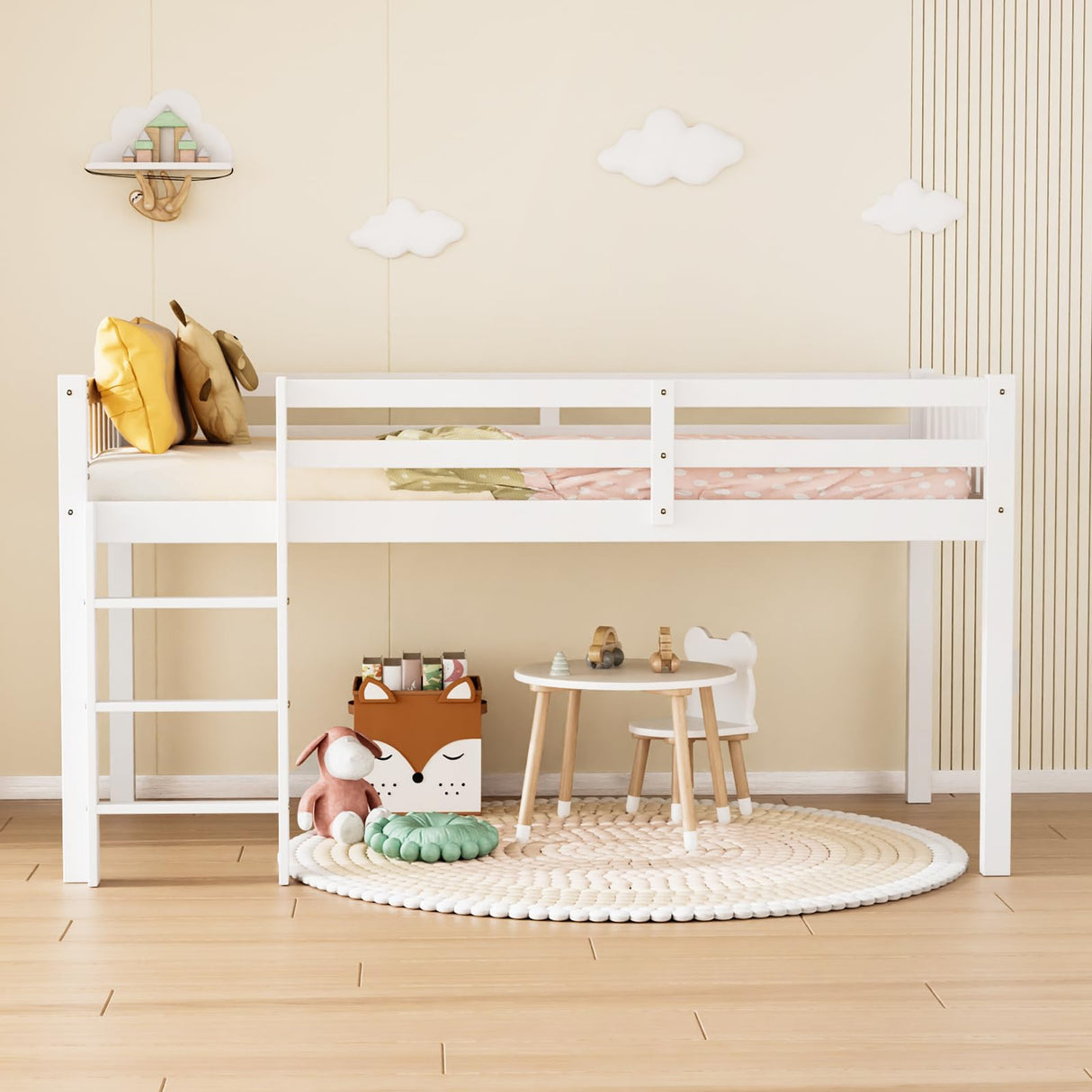 JOYMOR Twin Loft Bed Low Loft Bed Frame for Little Kids Small Room/Low Ceiling Bedrrom with Guardrail and Ladder, White JOYMOR