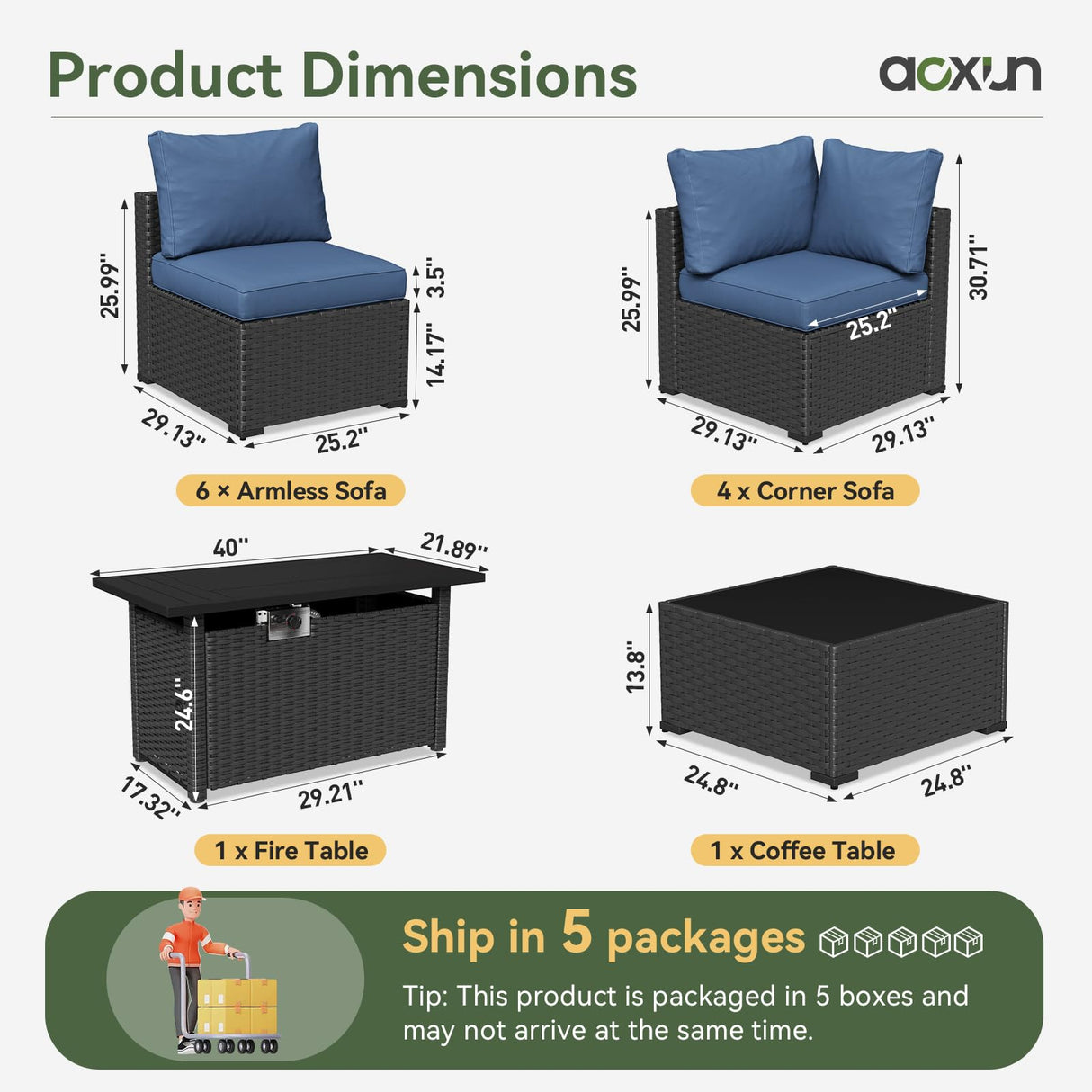 Aoxun 12 Piece Patio Furniture Set with 44” Fire Pit Table Wicker Rattan Patio Sectional Sofa Set Outdoor Seating Furniture with Thickened Cushion, Navy Blue Aoxun