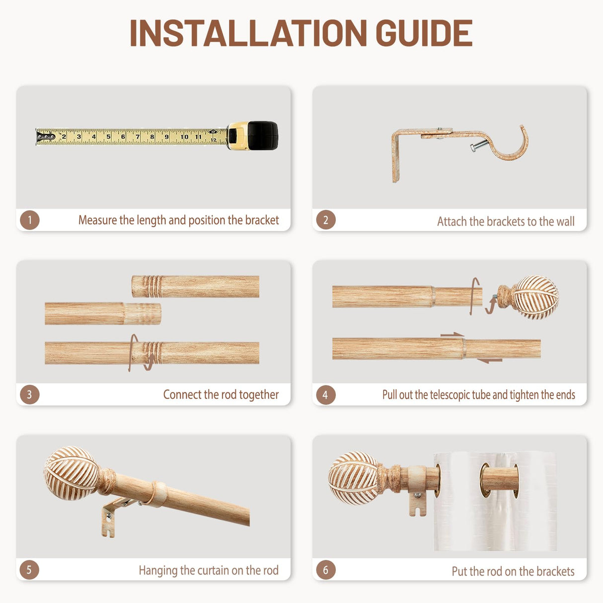 Wood Curtain Rods for Windows 66 to 120, 1 Inch Curtain Rod Set, Heavy Duty Drapery Rods with Imitation Wood Grain Leaf Pattern Finials, Indoor/Outdoor Modern Curtain Rod, 32"-120", Brown zeerobee