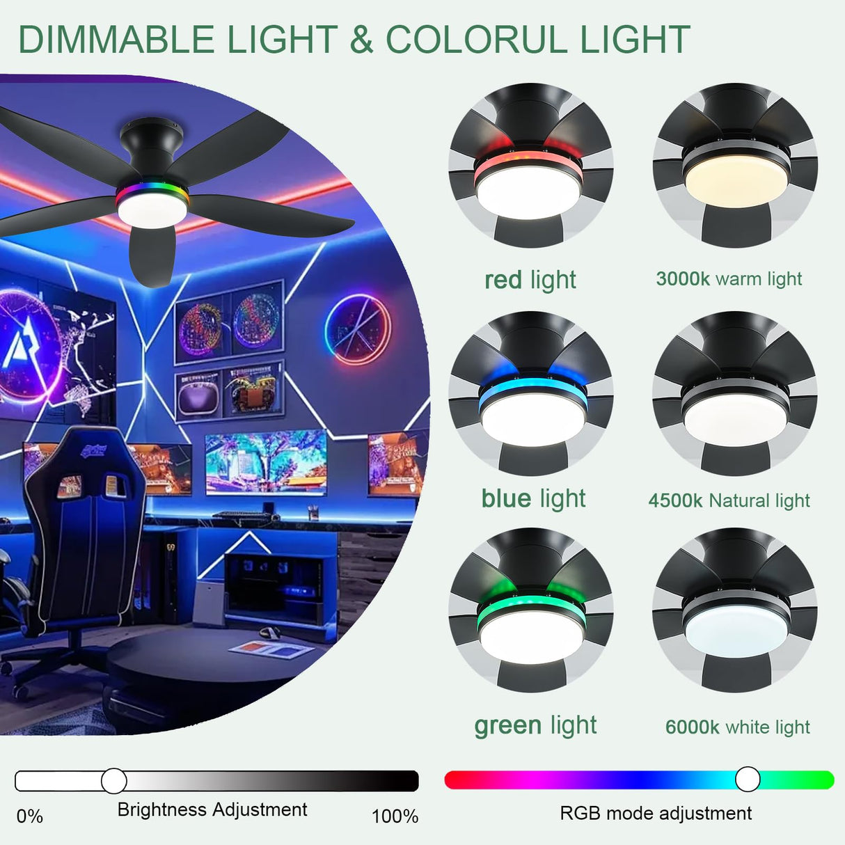 JSAITEE Ceiling Fan with Light, 48" RGB Low Profile Ceiling Fans with Lights and Remote Control, Dimmable, DC Reversible Motor, Noiseless, 6 Speeds Flush Mount Black Ceiling Fan for Bedroom JSAITEE