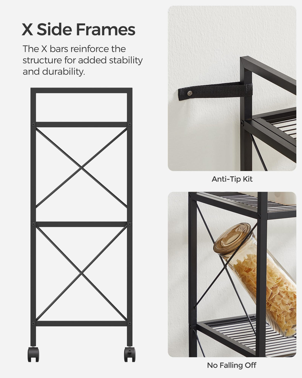 SONGMICS 3-Tier Metal Storage Rack with Wheels, Mesh Shelving Unit with X Side Frames, 23.6-Inch Width, for Entryway, Kitchen, Living Room, Bathroom, Industrial Style, Black UBSC163B01 SONGMICS