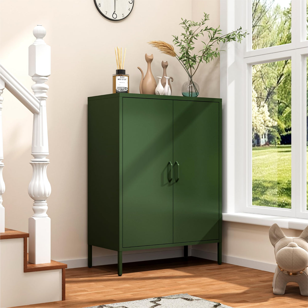 XIOMIOHTRQ Metal Locker Cabinet, Green Storage Cabinets with 2 Doors and Adjustable Shelves, 3 Tier Modern Storage Freestanding Sideboard for Living Room,School,Office Home Kitchen and Coffee Bar XIOMIOHTRQ