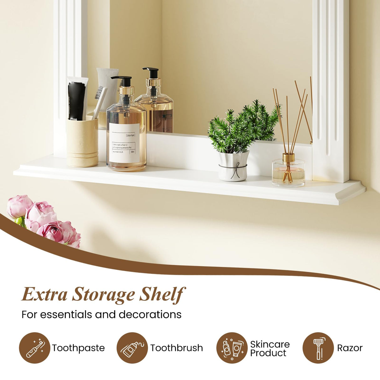 CHARMAID Bathroom Mirror with Shelf - 27" x 22.5" Wall Mirror Over Bathroom Sink, Wooden Frame Modern Rectangular Hanging Vanity Makeup Mirrors for Washroom, Entryway (White,27" L x 22.5" W) CHARMAID