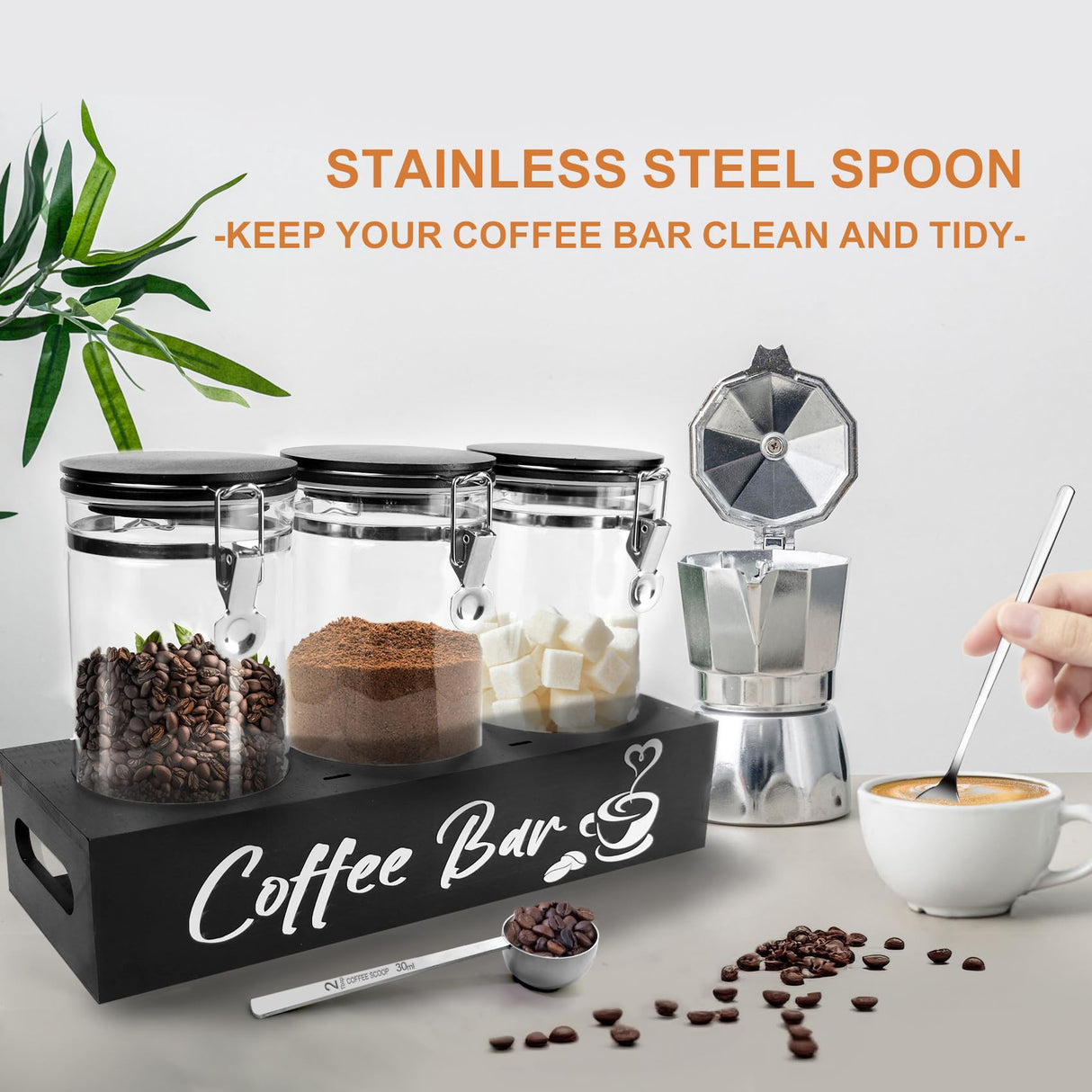 MACIFECI Glass Coffee Containers with Shelf Coffee Station Organizer 54oz Black Glass Coffee Bean Storage Canister with Spoon Coffee Canister Set Kitchen Food Storage Jars for Coffee, Sugar, Candy MACIFECI