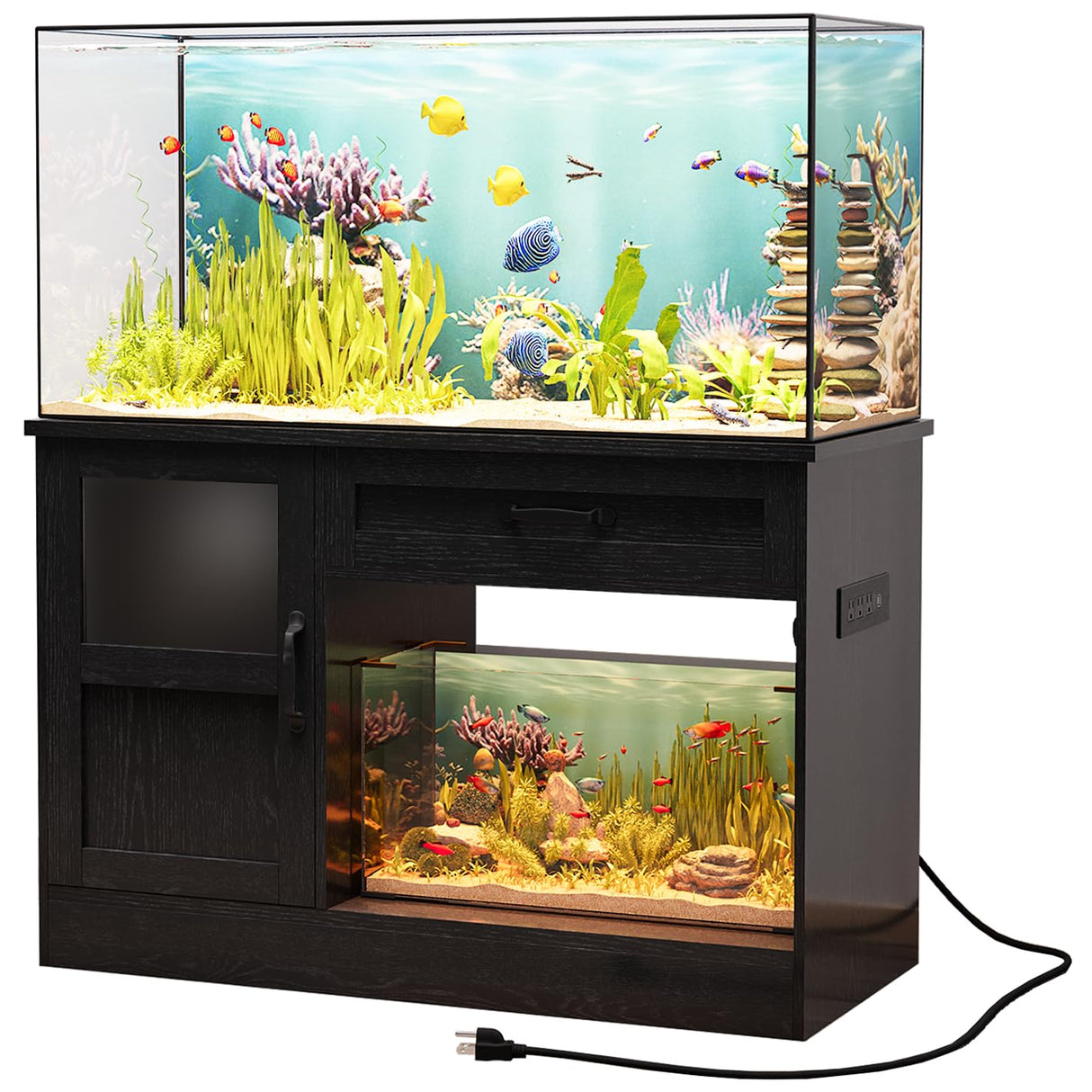 LUMIINOFAMI 40 Gallon Tank Stand, Wooden Aquarium Stand 40 Gallon Fish Tank Stand with Drawer, Reptile Tank Stand with Power Strip and LED, Tank Stand -1000Lbs Capacity, Black LUMIINOFAMI