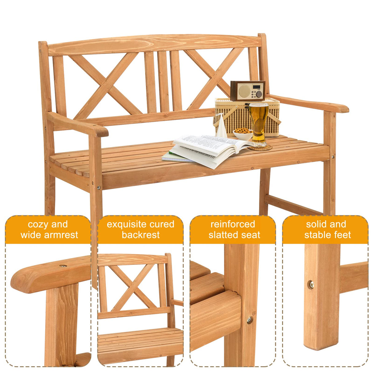 Outvita Wooden Garden Bench, Outdoor Wood Patio Bench, Rustic 2-Person Loveseat Chair w/Armrest for Porch Poolside Park Backyard Balcony, Capacity 605Lbs, X Backrest Outvita