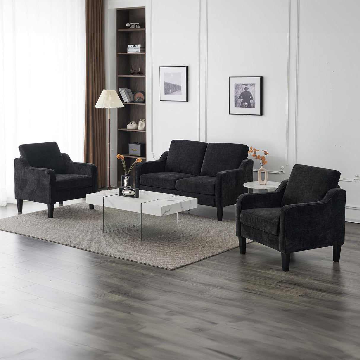 VINGLI Mid-Century Modern Loveseat Sofa Couch, Living Room 53" Love Seat 2 Seater Upholstered Comfy Couches with Scooped Armrest for Small Spaces, Dorm, Bedroom, Apartment, Office (Black) VINGLI