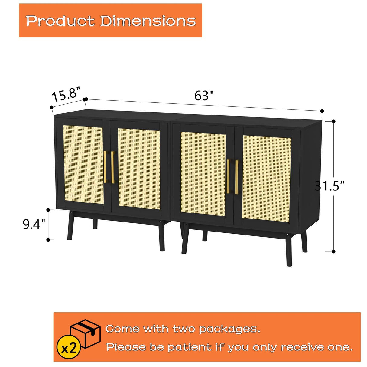 LYNSOM Buffet Cabinet with Storage, Sideboard Buffet Storage Cabinet with Rattan Decorated Doors, Set of 2 Accent Cabinet with Solid Wood Feet for Living Room, Entry, Hallway, Black LYNSOM
