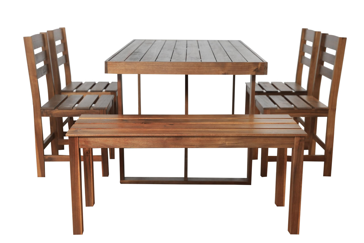 6 Person Outdoor Acacia Wood Dining Table Set, All Weather 6 Pieces Conversation Set, 60'' Rectangle Dining Table with 4 Chairs and Bench for Patio Backyard Garden Poolside Balcony (Brown-26) VilroCaz