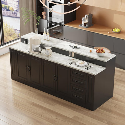 WOODTIME 94.5" W Stationary Kitchen Island Storage Cabinet with Built-in Power Outlet, 2 Countertop, Adjustable Shelves & 3 Drawers for Dining Room, Black & Marble Grain