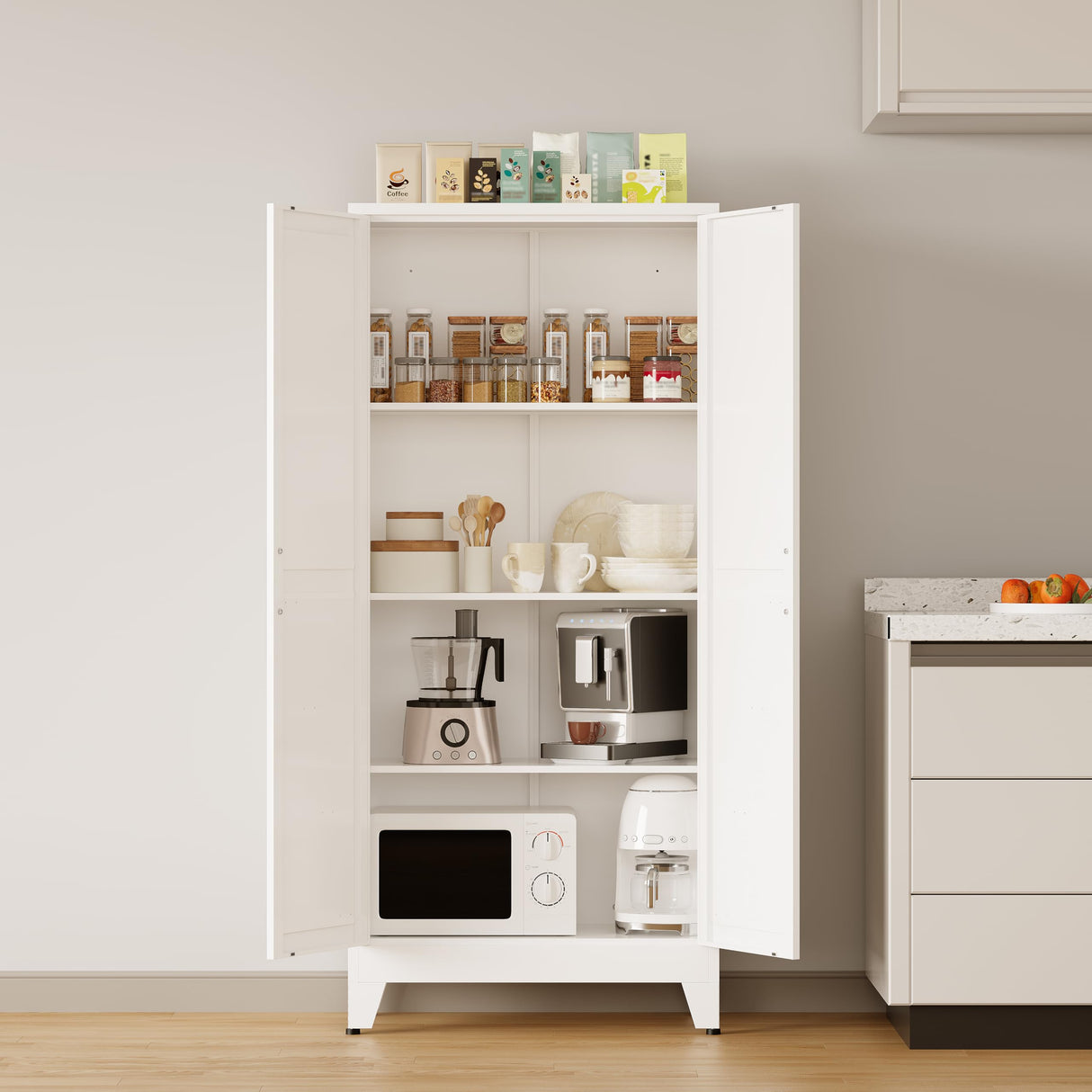 COFaR Metal Storage Cabinet, 61 in Tall Metal Cabinet with 3 Adjustable Shelves and Barn Doors, Farmhouse Accent Cupboard for Garage Kitchen Pantry Office Laundry, White 4 Tiers COFaR