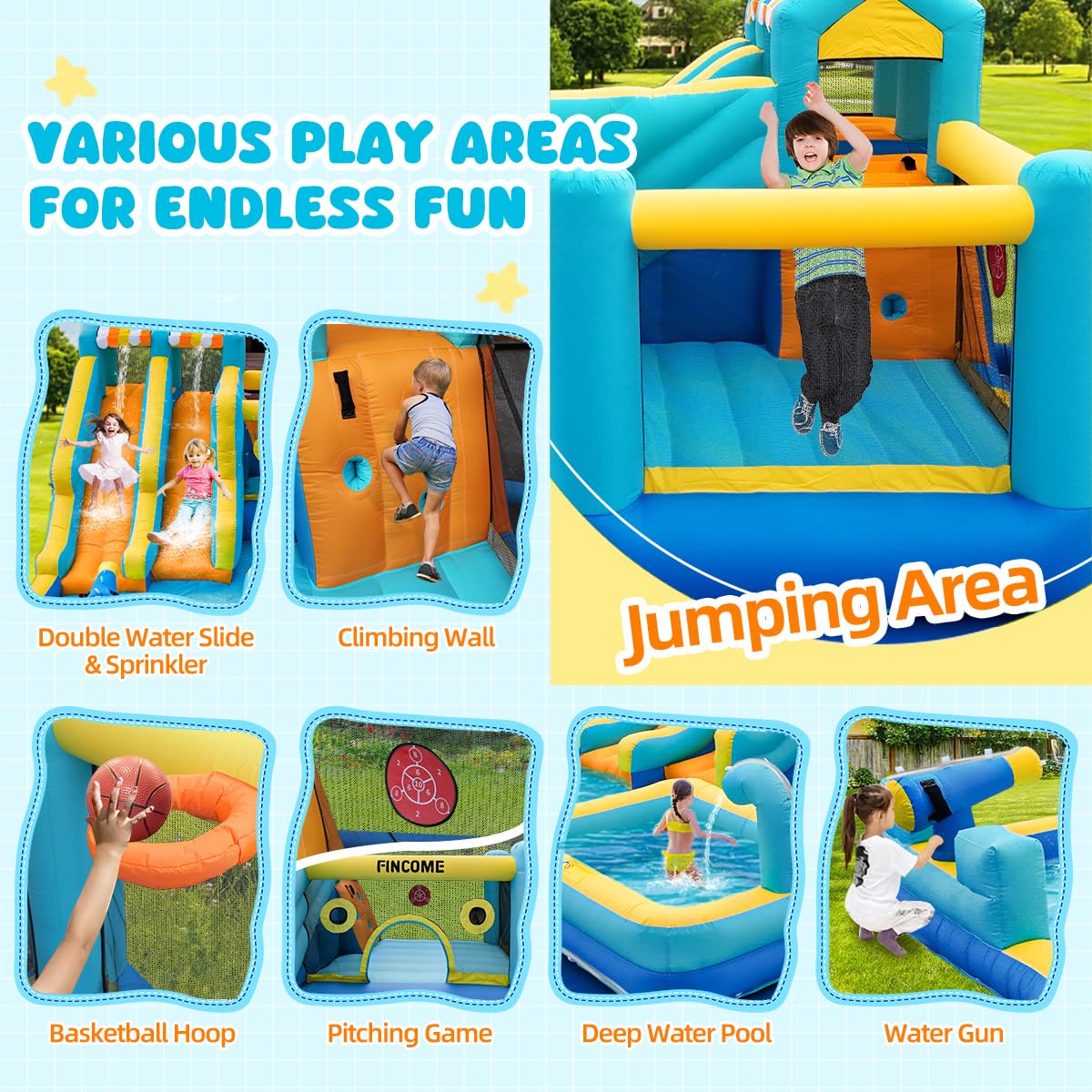 FINCOME Inflatable Bounce House, 10 in 1 Double Water Slide Bounce House with 750W Blower, Climbing Wall, Jumping, Water Gun, Splash Pool, Basketball Hoop for Kids Indoor Outdoor Backyard FINCOME