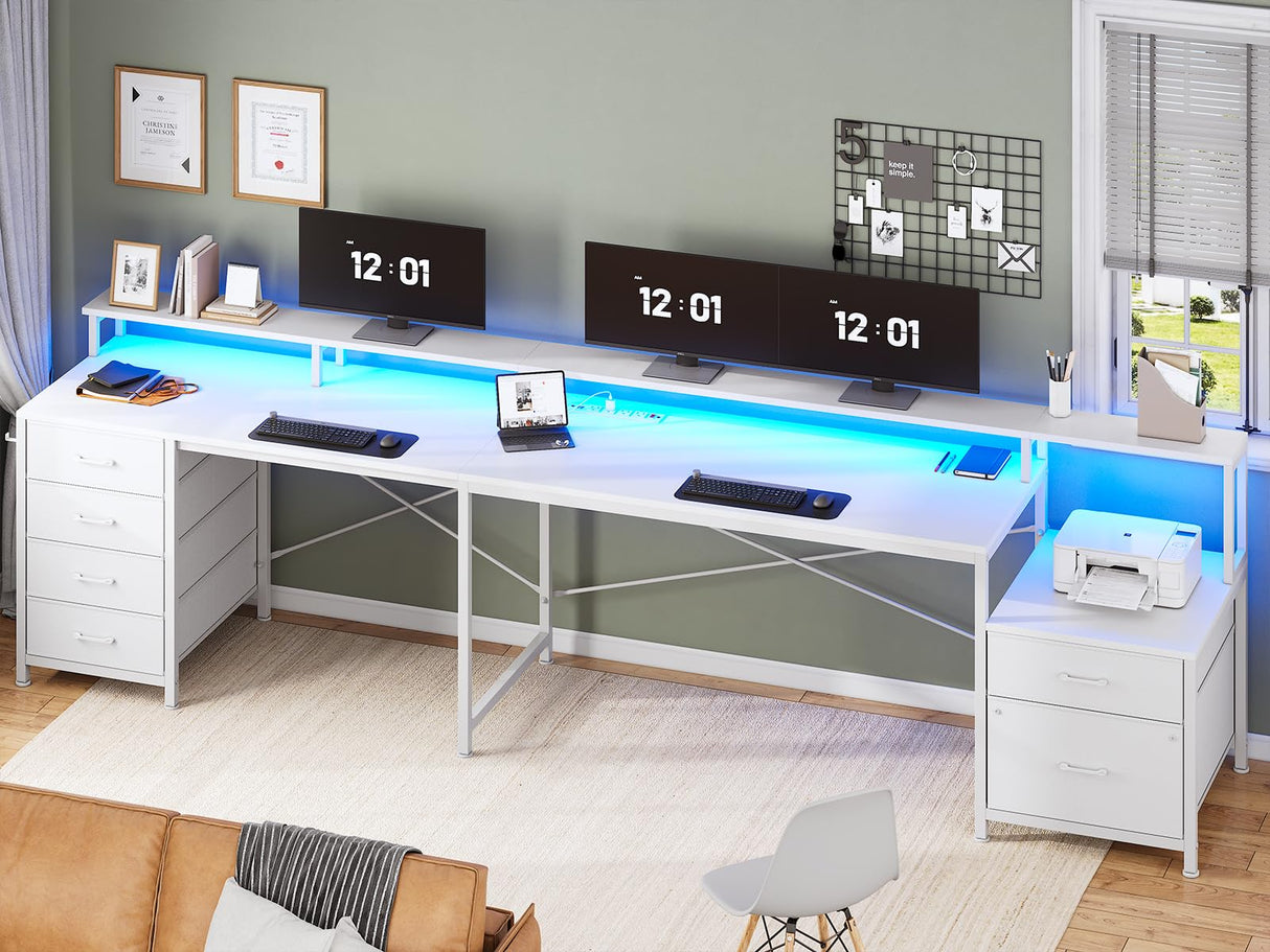 SEDETA L Shaped Desk with 6 Drawer, 108" Home Office Desk with File Drawer & Power Outlet, Corner Computer Desk with Monitor Shelf, File Cabinet, Two Person Desk, Gaming Desk with Led Lights, White SEDETA
