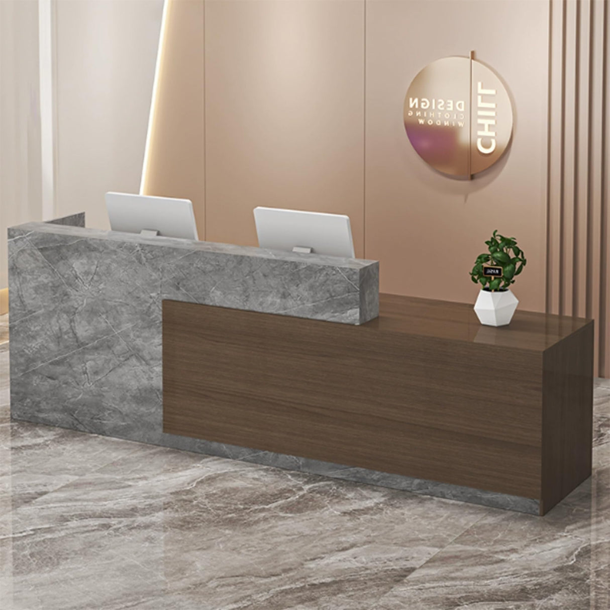 Wood Reception Desk with Counter, Mostrador para Negocio 47.2" - 157.5" Marble Stone Front Checkout Desk with Drawers, Keyboard Tray & Shelves for Office, Retail Store, Clothing Boutique CANYIHB