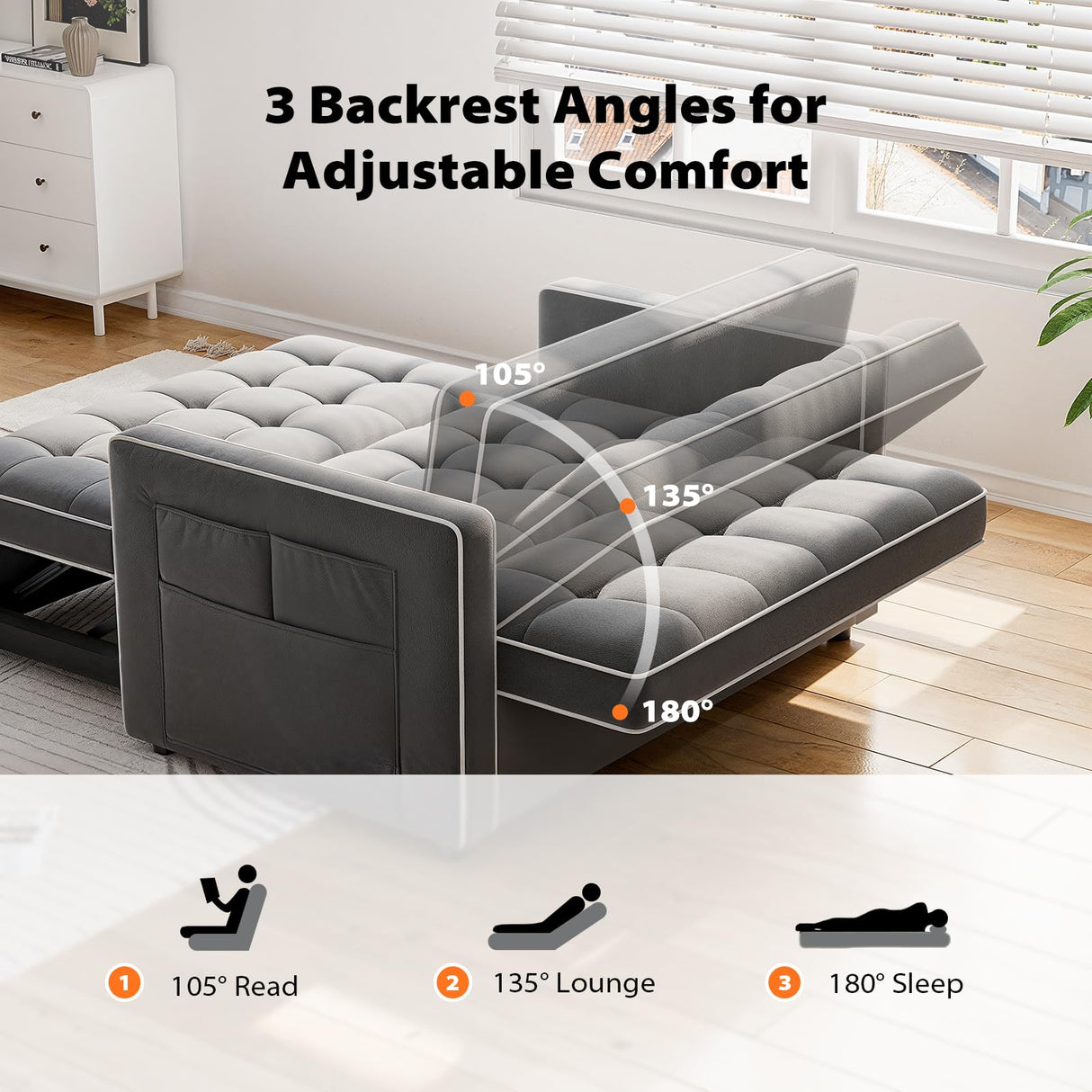 Pipishell 3 in 1 Convertible Sleeper Sofa Bed,Pull Out Couch for Living Room with USB Ports & Side Pockets,Adjustable Backrest,Velvet,Loveseat Sofa Bed,Futon Couches Pipishell