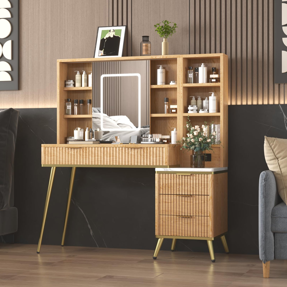 HSSZXFR 48" Fluted Makeup Vanity Desk with Mirror and Lights, Rustic Vanity Table with Modern Glass Top and Charging Station, Vanity Wooden 5 Drawers and Shelves Adjustable (Wood) HSSZXFR