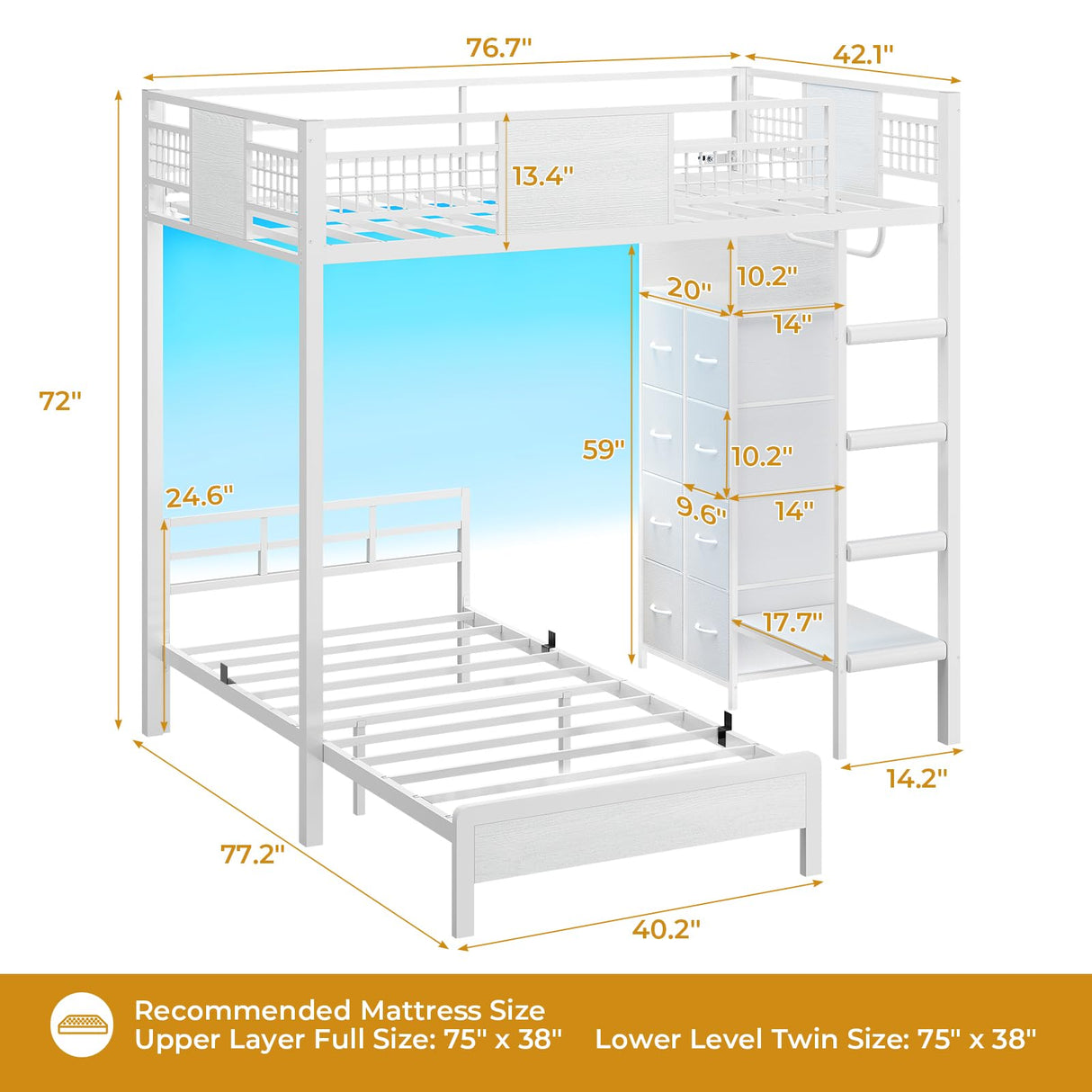 ADORNEVE Bunk Bed Twin Over Twin Size with 8 Storage Drawers, Twin Bunk Beds with Led Lights & Storage Shelves, Metal Loft Bed with 13.4" H Safety Guardrail & Ladder, for Kids & Teens, White ADORNEVE