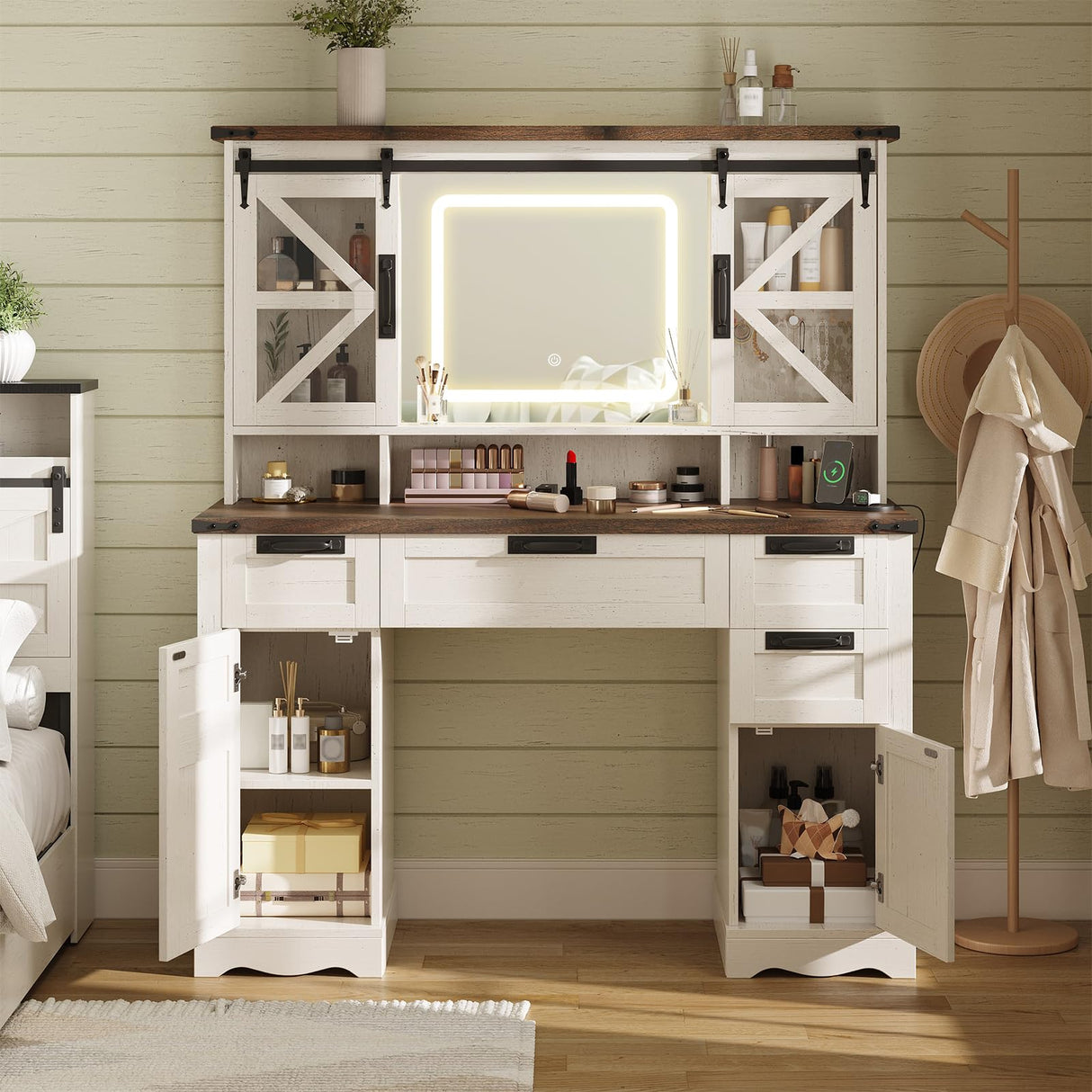 Vabches Farmhouse Makeup Vanity with Sliding Cabinets, White Vanity Desk with Lights Mirror and Power Outlet, Rustic Dressing Table with 4 Drawers&2 Storage Cabinets for Bedroom Vabches