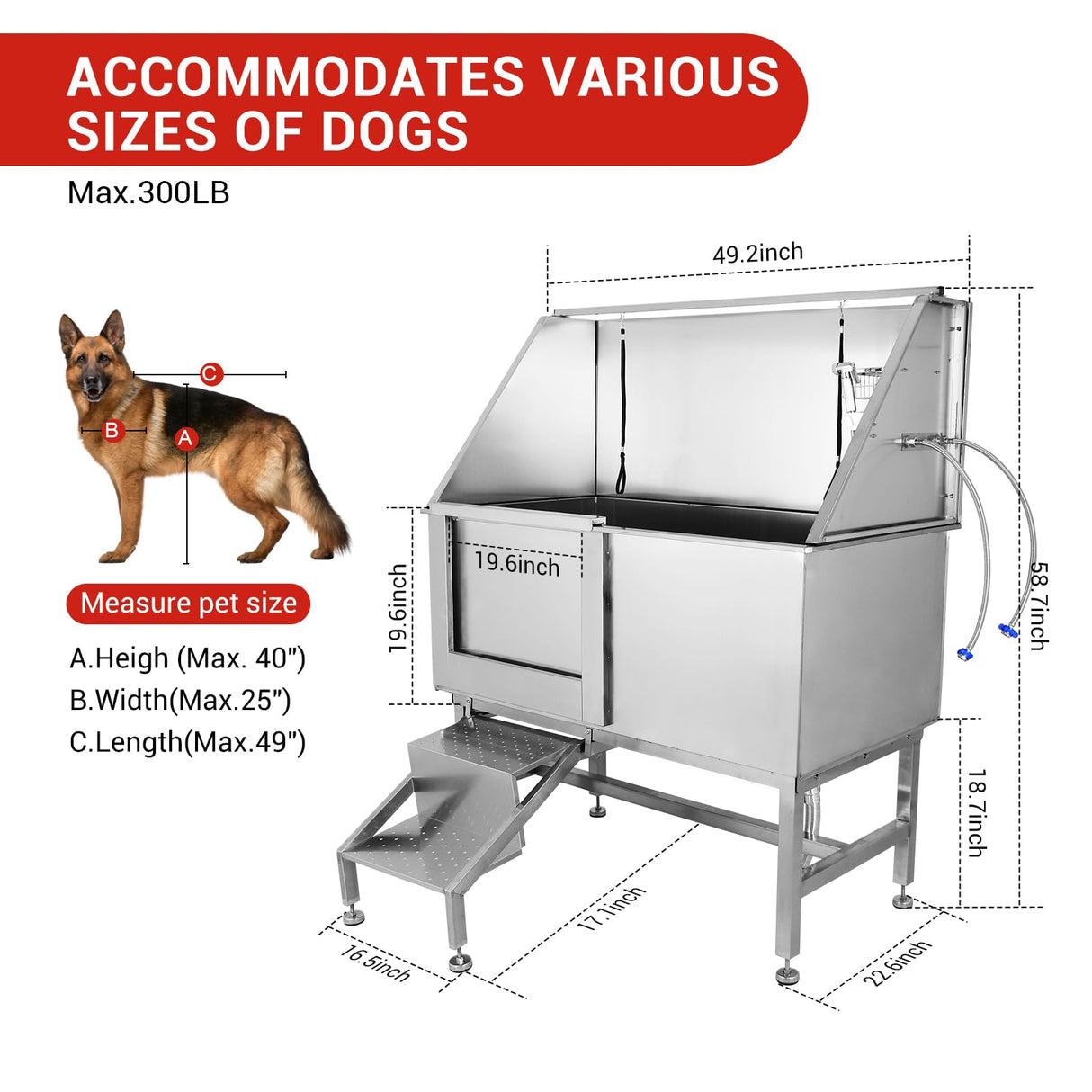 Garvee 50'' Dog Grooming Tub, Professional Dog Washing Station with Retractable Stairs, Stainless Steel Pet Bathtub for Small & Large Dog, Right Door Garvee