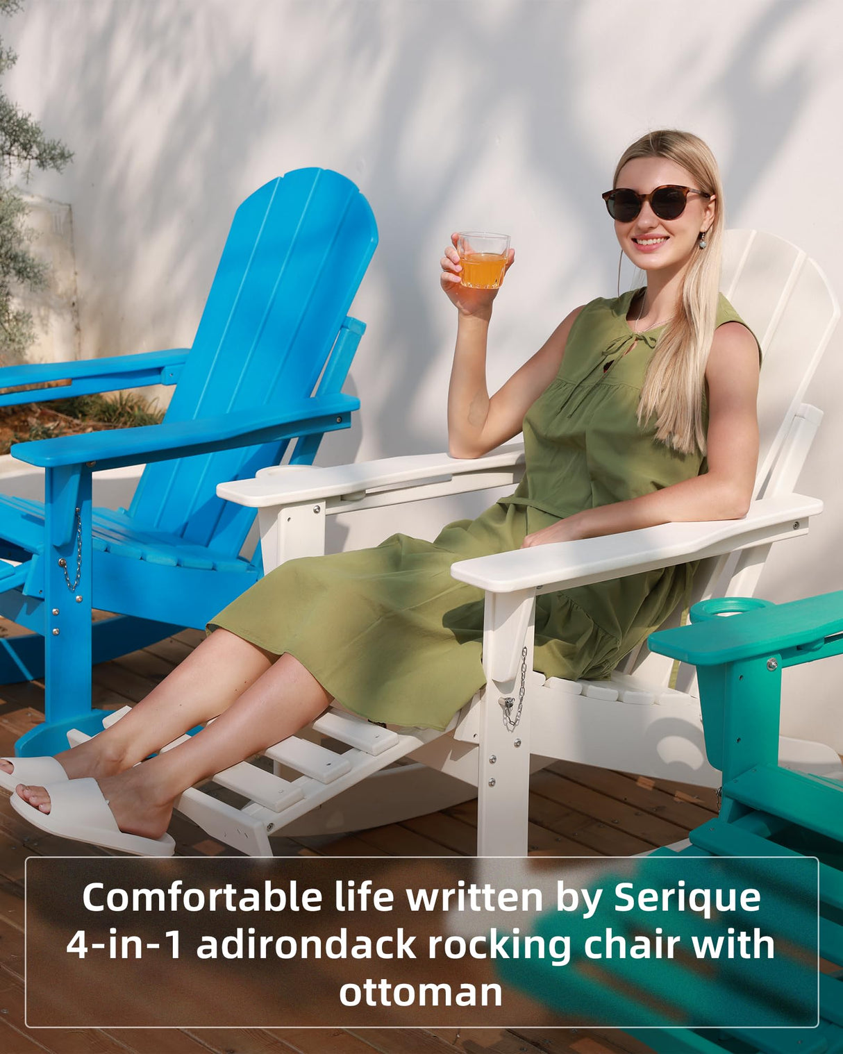 Serique 4-in-1 Multifunctional Folding Adirondack Rocking Chair, Patio Chair with Retractable Ottoman, Outdoor Chair Wood Texture, Lawn Chair for Porch, Backyard, Pool(Teak) Serique