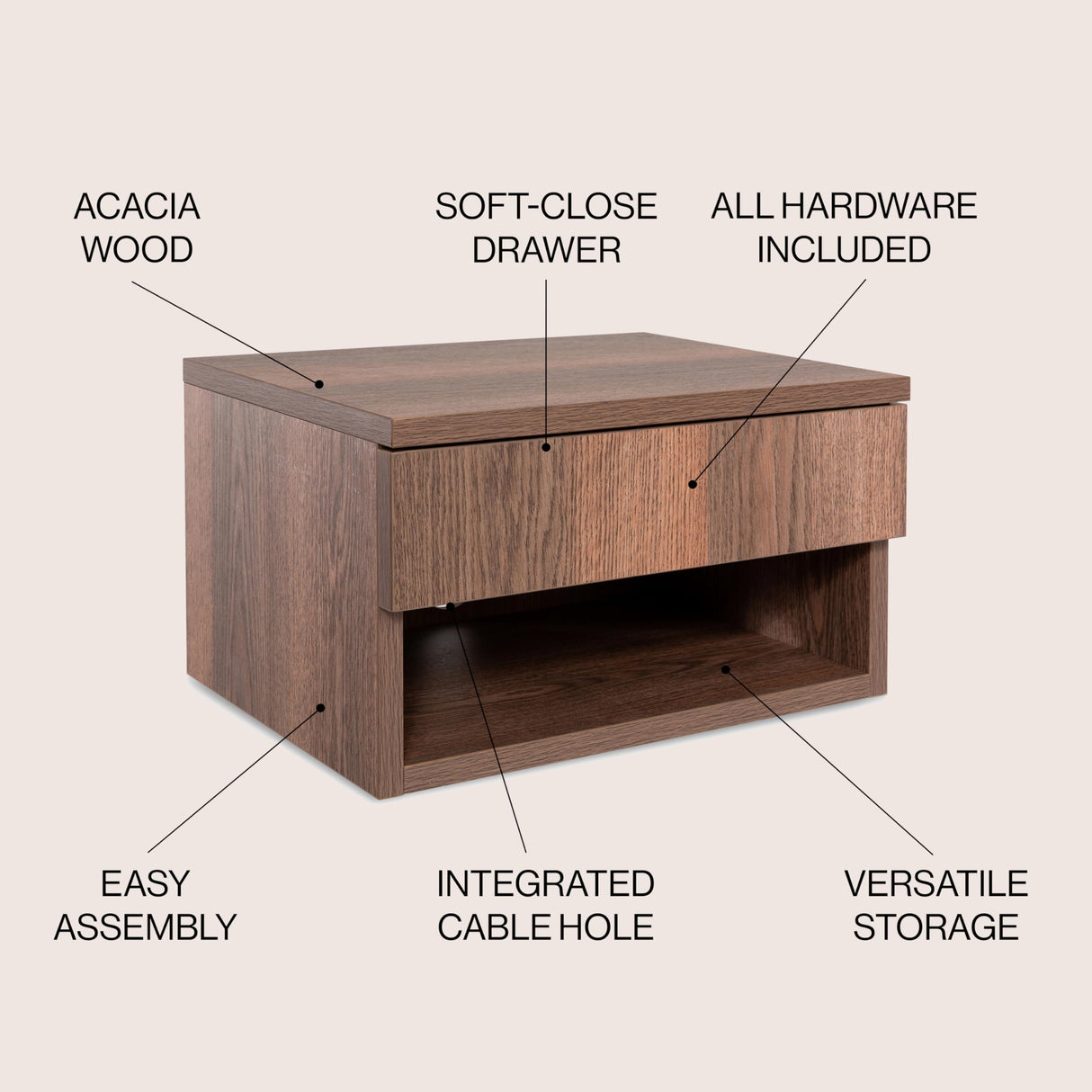 JONATHAN Y NST2002A Ettore 15.71" Mid-Century Modern Floating Wall Mounted Nightstand with Soft-Close Drawer and Cable Hole, Dark Brown JONATHAN Y