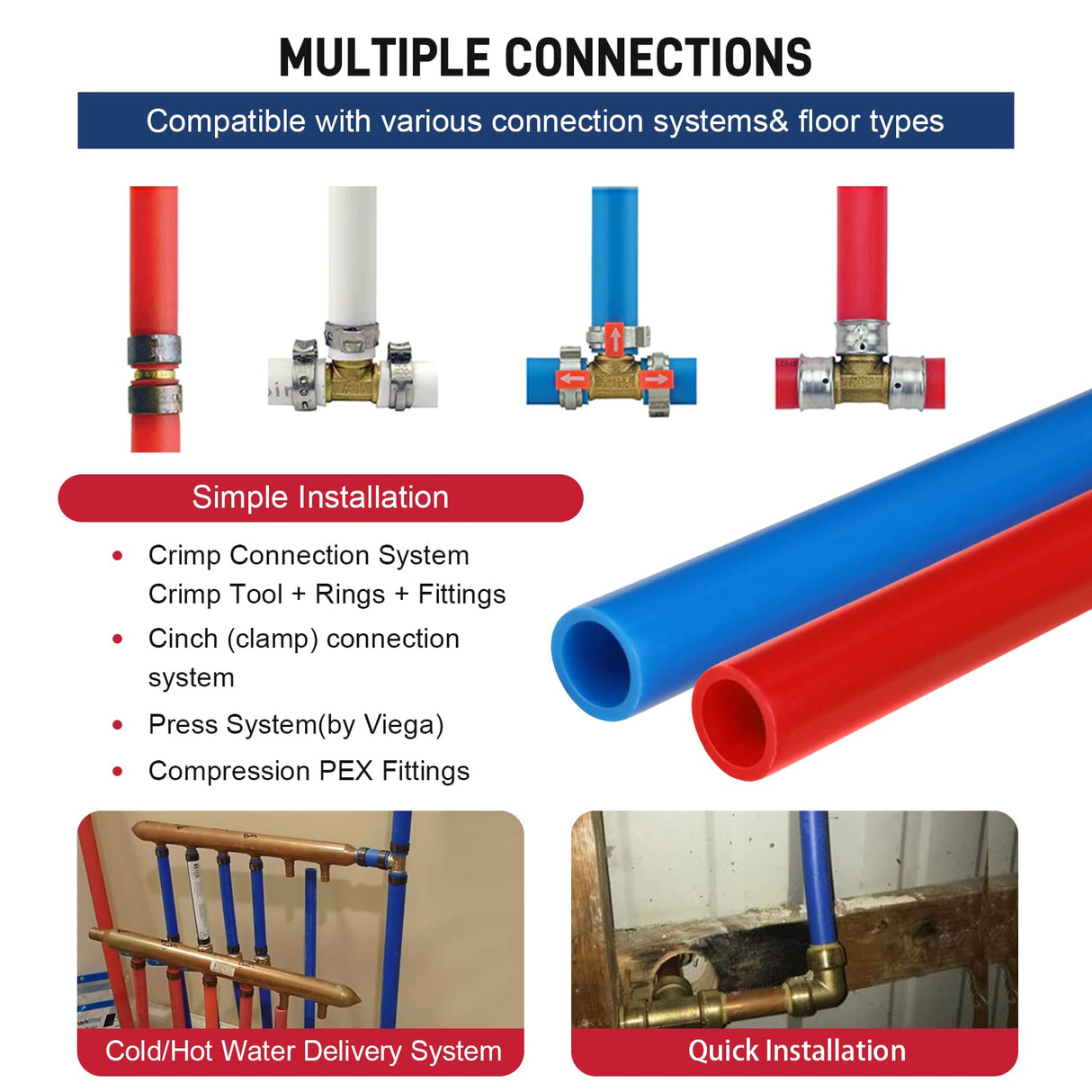 PEX Pipe 1/2 Inch 300ft 2 Rolls PEX Tubing EVOH PEX-B Pipe Non Oxygen Barrier Durable Leakage-Proof Flexible for Residential Water Lines in Homes PEX Radiant Heat Tubing(Red+Blue) Likeem