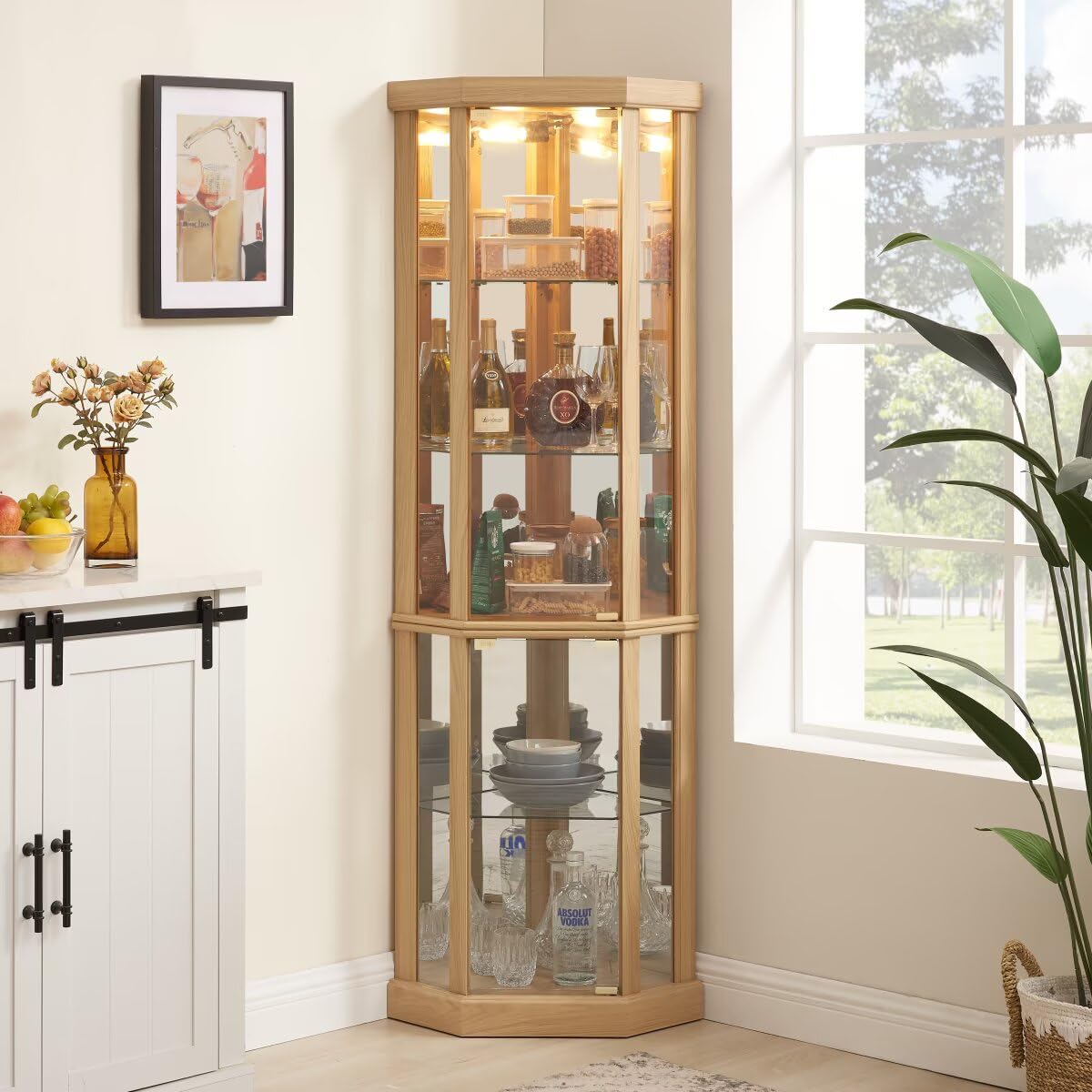 70" H Lighted Corner Curio Cabinet - Elegant Glass Display Case for Living Room & Bar Storage with Tempered Glass Door and 5 Shelves, Light Bulb Included Rack for Living Room, (Light Oak) JIJIWANG
