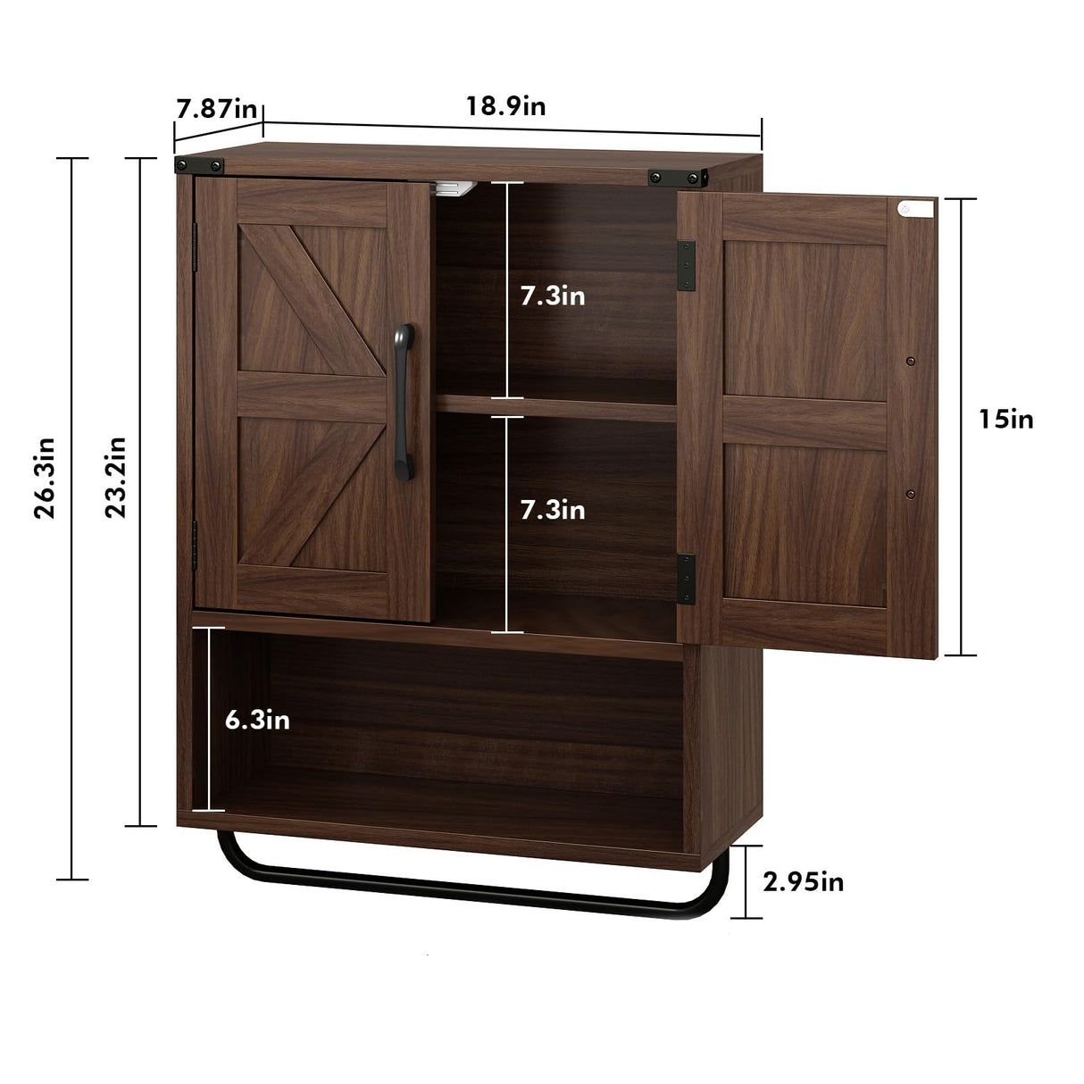 RUSTOWN Farmhouse Wall Storage Cabinet with Two Barn Door, Rustic Mounted Medicine Cabinet with Adjustable Shelf and Towel Bar, 3-Tier Wood Cabinet for Kitchen, Bathroom, Living Room (Dark Walnut) RUSTOWN