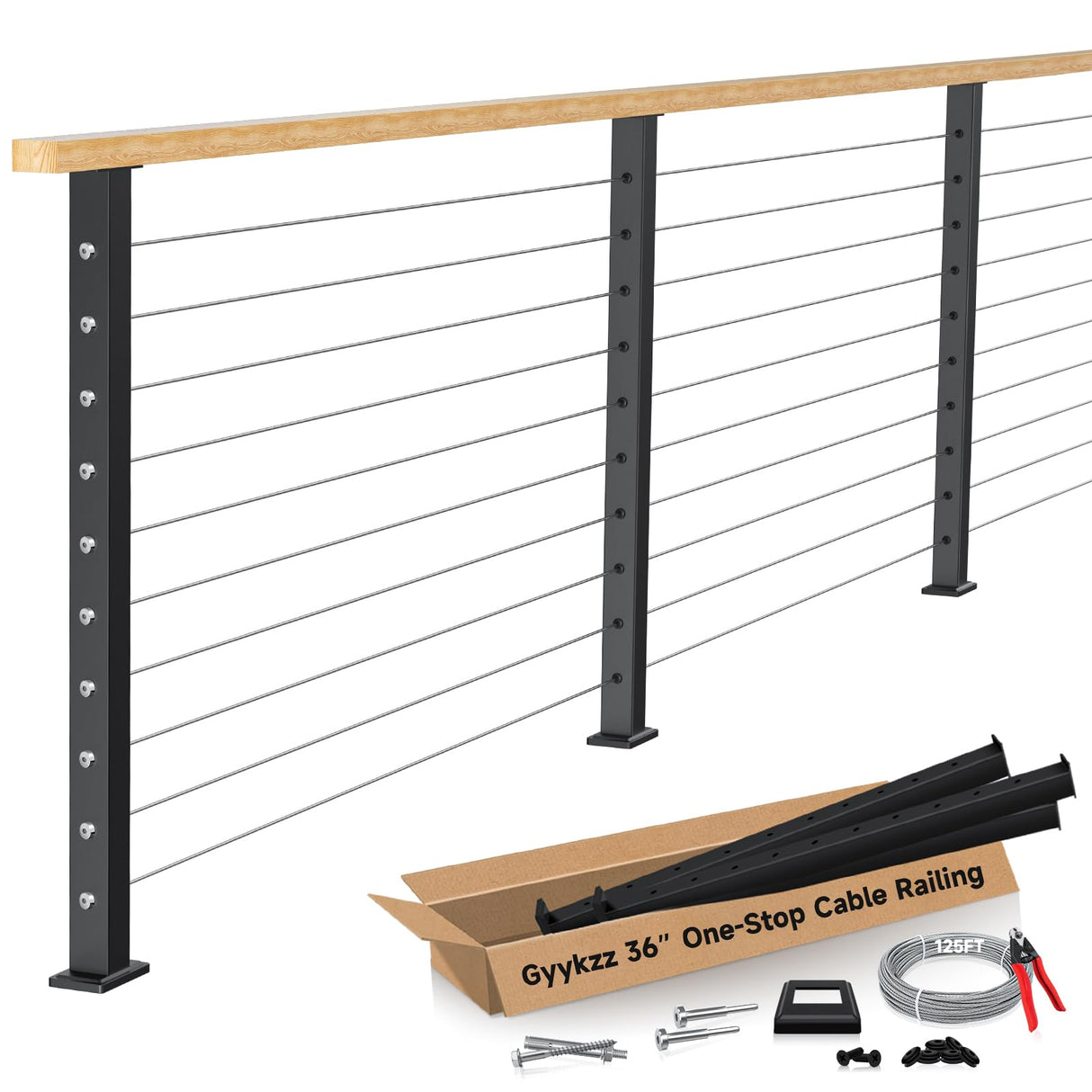 Gyykzz One-Stop Cable Railing Post Kit, 3 Pack Level Drilled Deck Post 36", Fixed Top Cable Railing System Including 3 Railing Post, 125ft Cable, 20 Terminal, 60 Cable Grommets (No Handrail) Gyykzz
