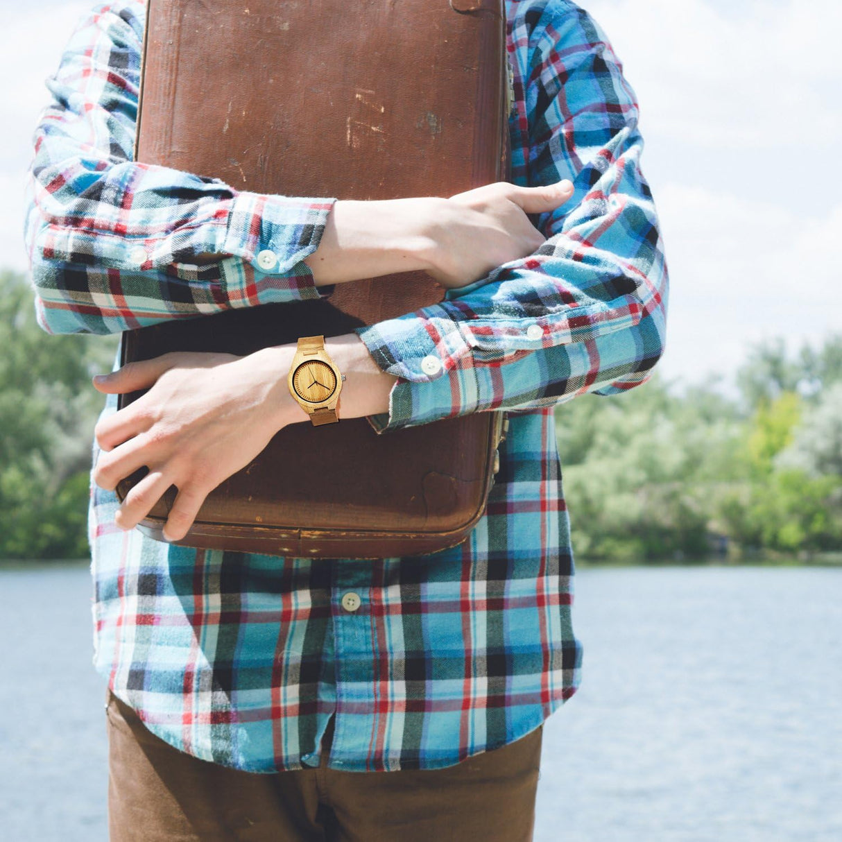 CUCOL Men's Bamboo Wooden Watch with Brown Cowhide Leather Strap Japanese Quartz Movement Casual Watches CUCOL