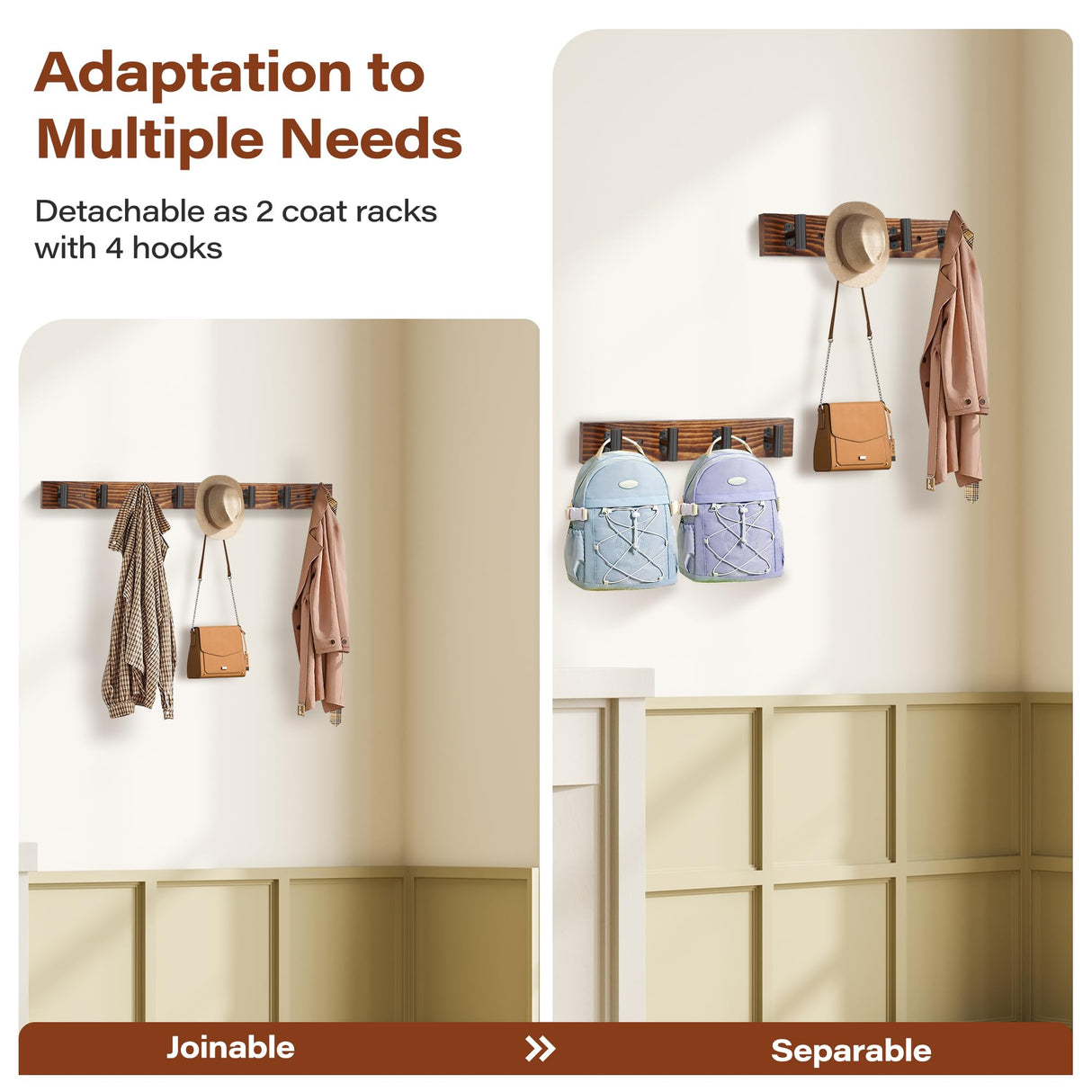 Orapoke Coat Rack Wall Mount 32.3", 2 Pack Rustic Coat Hanger with 8 Black Metal Heavy Duty T Shaped Hooks, Pine Soild Wood Large Coat Hooks Wall Mounted for Entryway, Living Room, Bathroom Orapoke