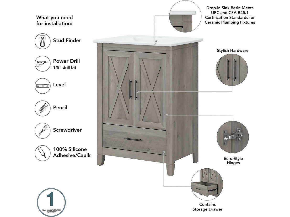 Bush Furniture Key West 24W Bathroom Vanity with Sink in Driftwood Gray Bush Business Furniture