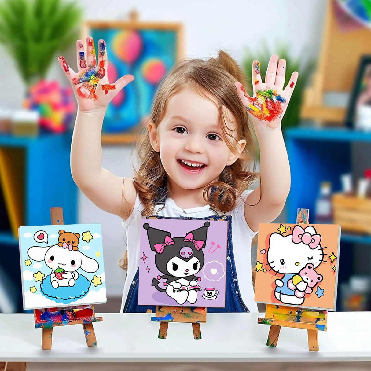 Sretoul 4 Pack Cartoon Paint by Numbers Kit for Kids with Frame - Wooden Easel, Cute Kids Paint by Numbers Ages 4 8 12, DIY Acrylic Oil Painting for Home Wall Decor (8x8 inch) Sretoul