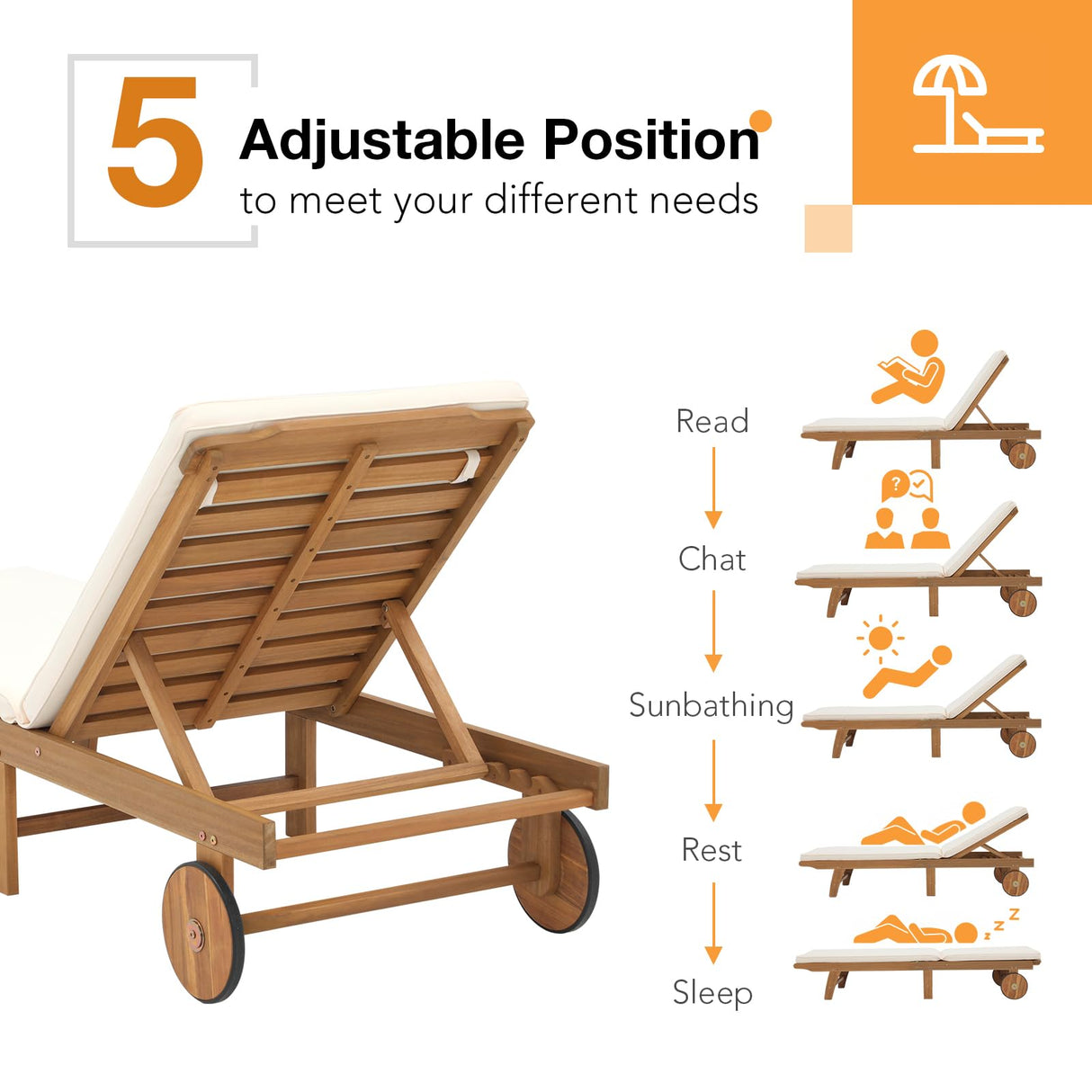 Patiorama Patio Acacia Wood Chaise Lounge Set of 2, Outdoor Folding Lounge Chair Recliner w/Adjustable Backrest, Wheels, Padded Cushion, Portable Sun Lounger Pool Chair for Deck, FSC Certified, Cream Patiorama