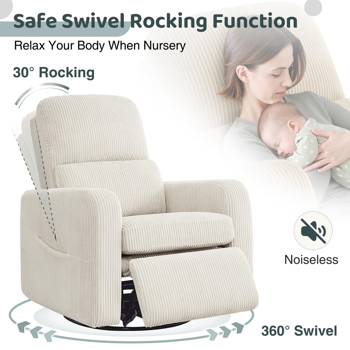 AEMEIOS Swivel Rocker Recliner, Oversized Manual Nursery Glider Rocking Recliner Chair with Removable Cushion, Upholstered Swivel Reclining Chair for Nursery Living Room Bedroom, Corduroy White AEMEIOS