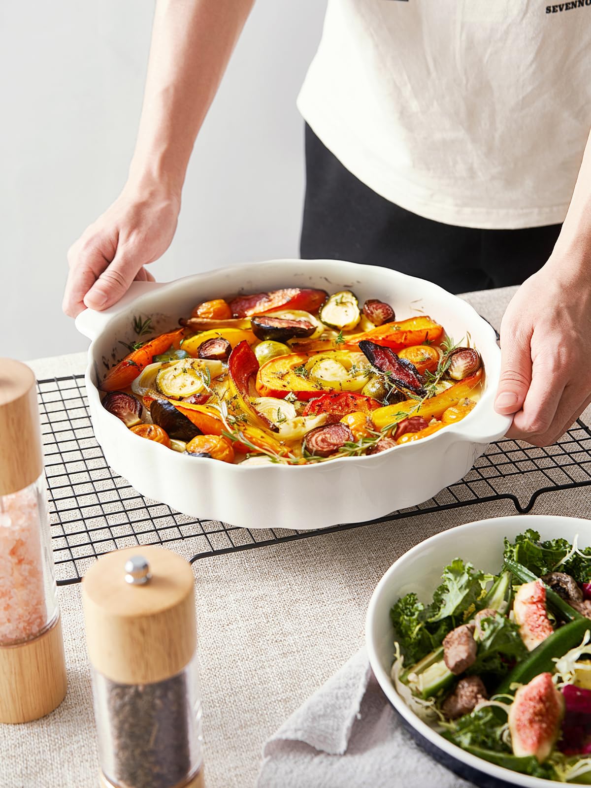 Samsle Ceramic Pie Pan For Baking,13Inch Round Baking Dish With Double Handle,Pie Plate With Ruffled Edge-Microwave, Dishwasher, and Oven Safe Samsle