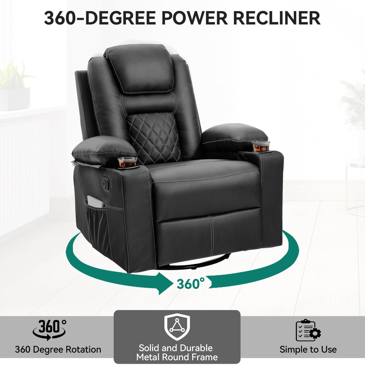 YITAHOME Recliner Chair,PU Rocking Chair for Adults,Swivel Recliner with Cup Holders,Heat and Massage,Single Sofa Seat with Side Pockets for Living Room/Bedroom,Black YITAHOME