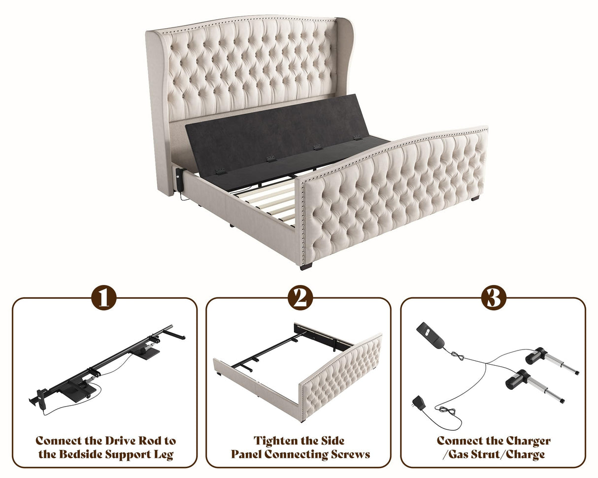 AMERLIFE King Size Adjustable Bed Frame with 51" H Velvet Upholstered and Deep Button Tufted Headboard, Electric Bed with Dual Motor/Nailhead Trim Wingback, No Box Spring Needed, Cream AMERLIFE