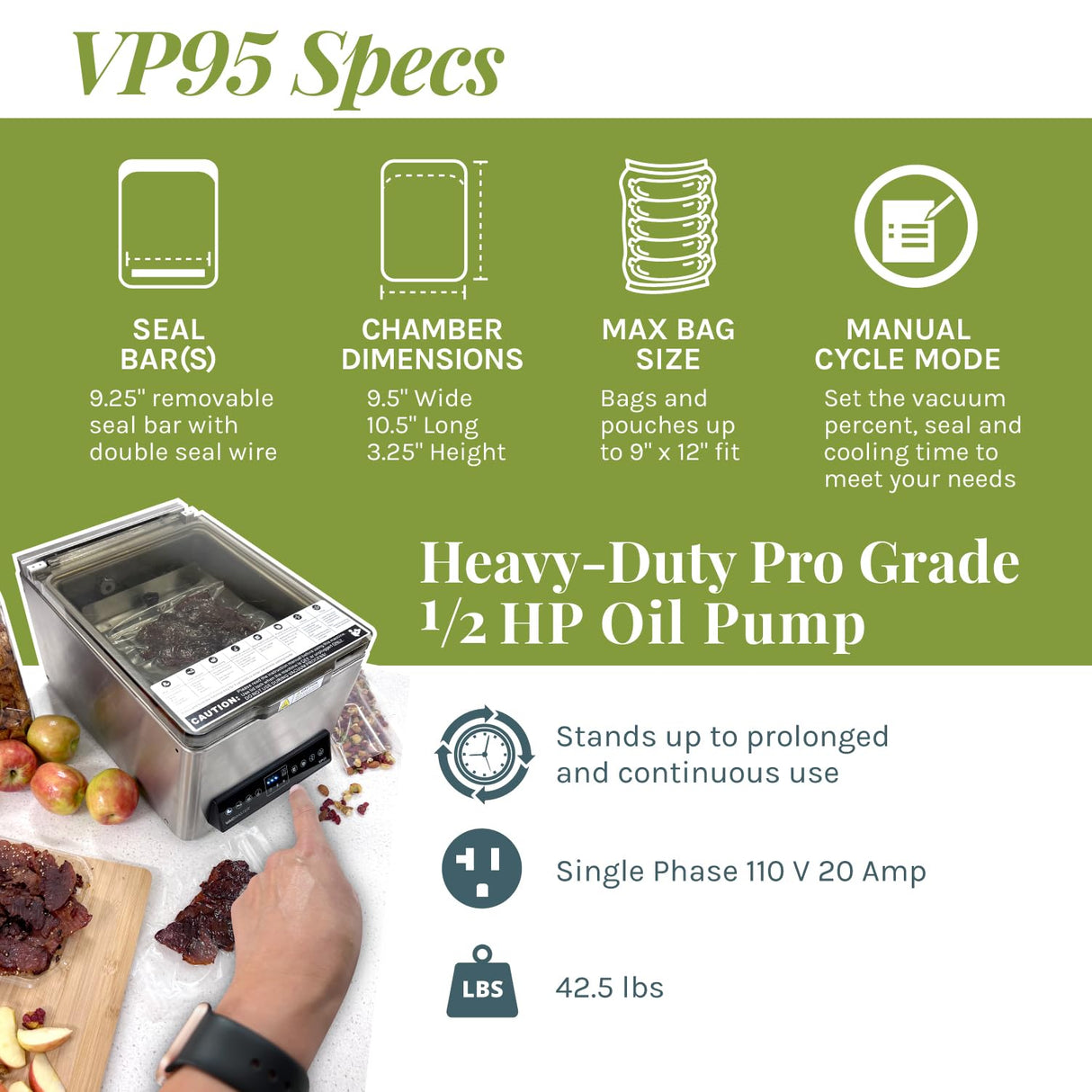 VacMaster VP95 Chamber Vacuum Sealer with Industrial Oil Pump. Great for Portioning, Meal Prep, Restaurants, Catering, Food Trucks, Sous Vide, Home. Great for Dry Goods, Liquids and Marinades. Vacmaster