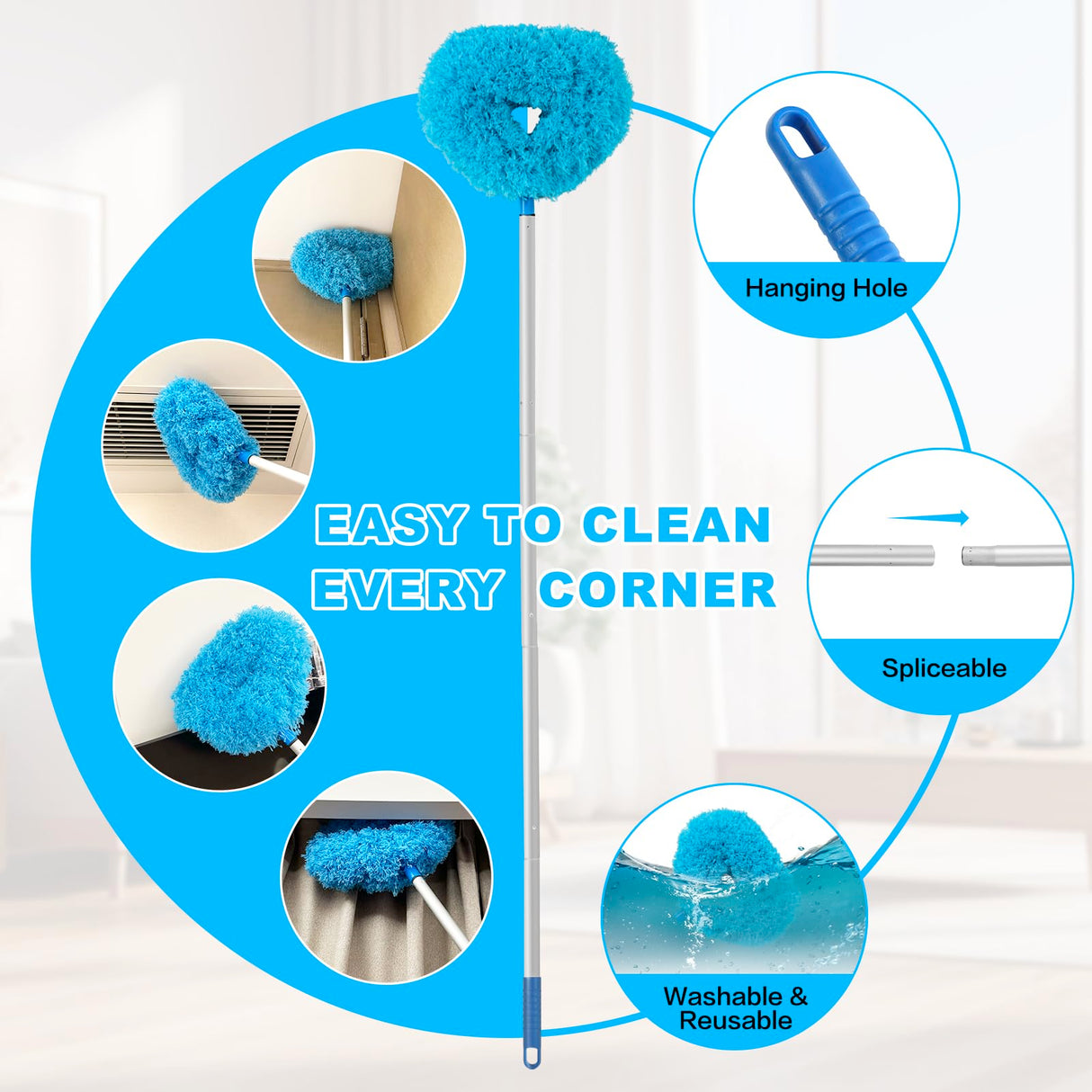 Ceiling Fan Cleaner Duster Reusable Microfiber Ceiling Fan Blade Cleaner Removable Duster with Extension Pole Adjusts 13 to 49.7 Inch for Cleaning Walls Bookshelves Furniture Door Window Top (Blue) Heonay