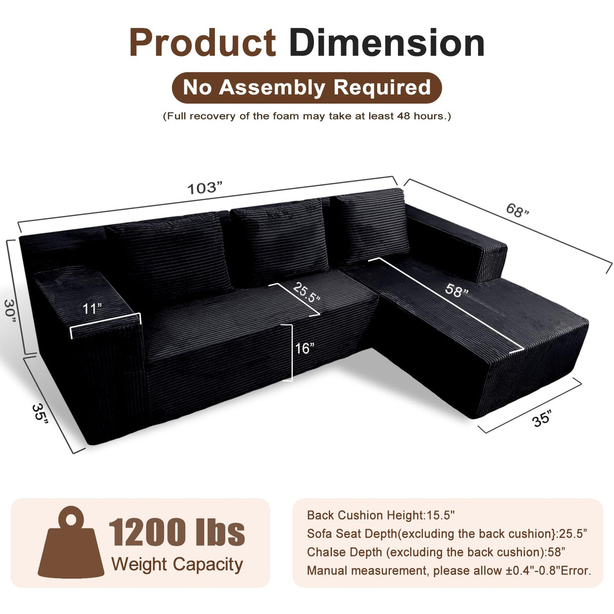 Nigoone Cloud Sectional Sofa, Boneless Couch for Living Room, No Assembly Required, Deep Seat, Modern Minimalist Modular Couch, Free Combination, 103" L-Shape with Chaise, Plush Corduroy, Right Nigoone