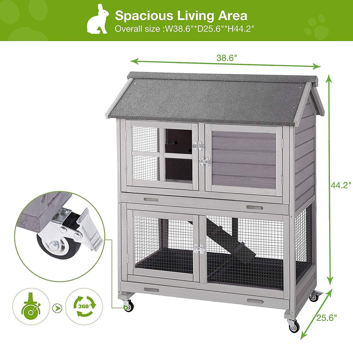 Rabbit Hutch Indoor Outdoor Bunny Cage Rabbit House with Movable Wire Netting, Guinea Pig Habitat On Wheels,Pull Out Leak Proof Tray L38.6 x D25.6 x H44.2 GUTINNEEN