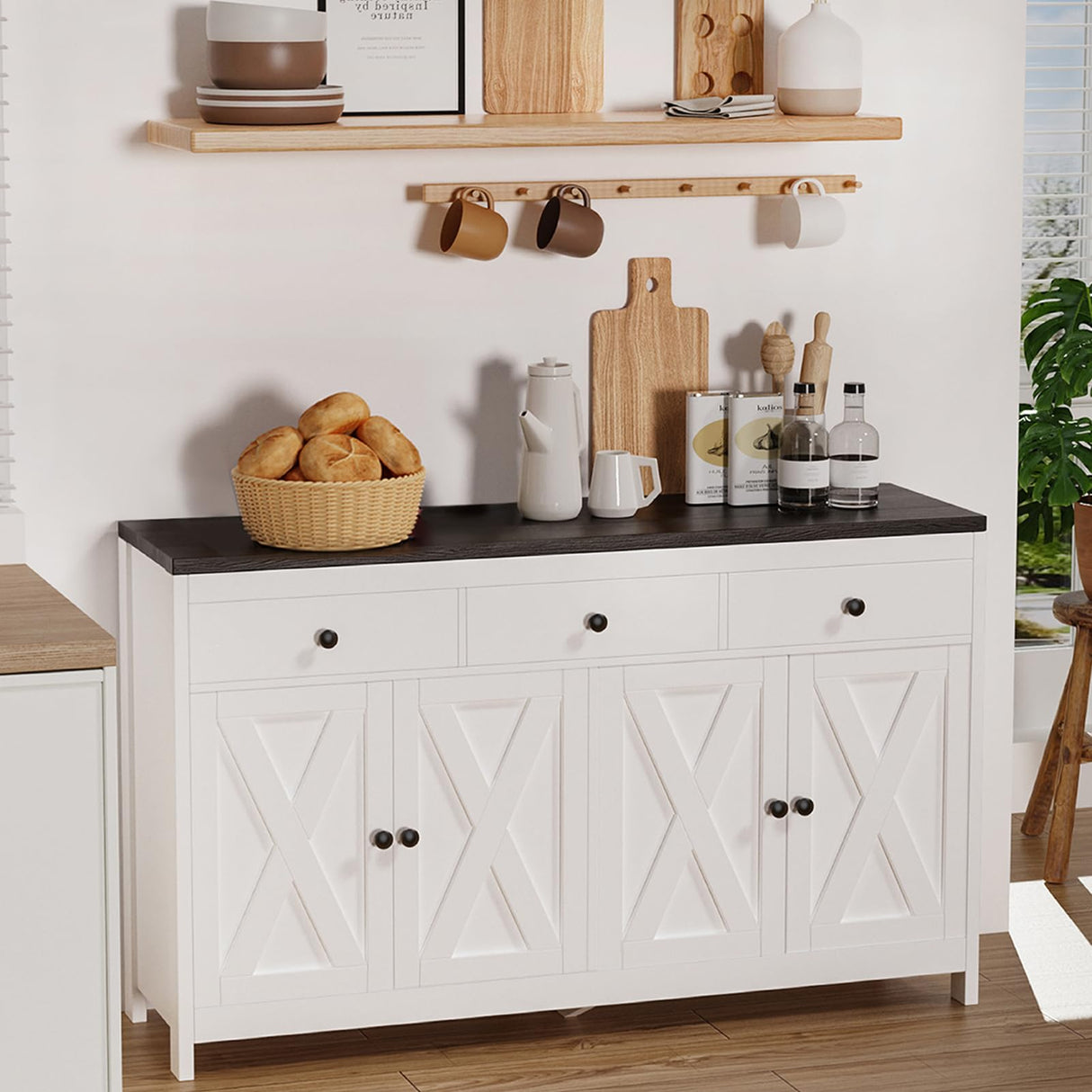 Redlife Farmhouse Sideboard Buffet Cabinet with Storage, Wood Coffee Bar Cabinet, 55" Sideboard with 3 Drawers, Farmhouse Buffet Cabinet for Dinning Room, Kitchen, Living Room, White Redlifeᅟᅠ