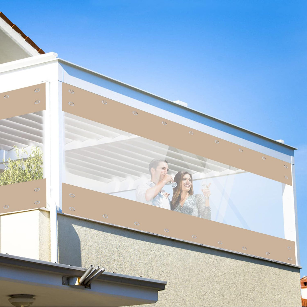 ele ELEOPTION (8ft High x 15ft Width) Vinyl Curtains for Patio, Outdoor Clear Panel Curtain Patio Enclosure Waterproof PVC Tarps with Grommets for Pergola, Balcony, Porch, Gazebo Khaki ele ELEOPTION